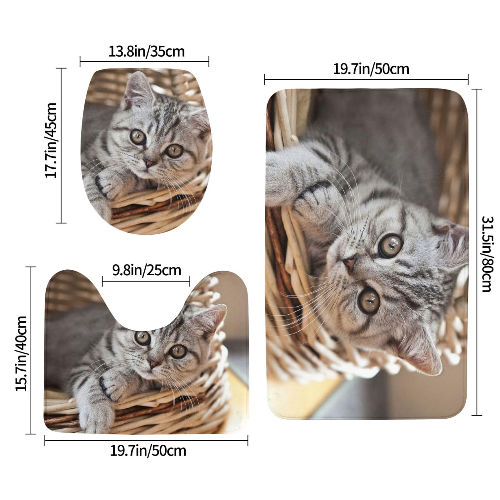Set di 3 tappetini da bagno con gatto, in flanella, morbida, antiscivolo, con coperchio, decorazione per la casa