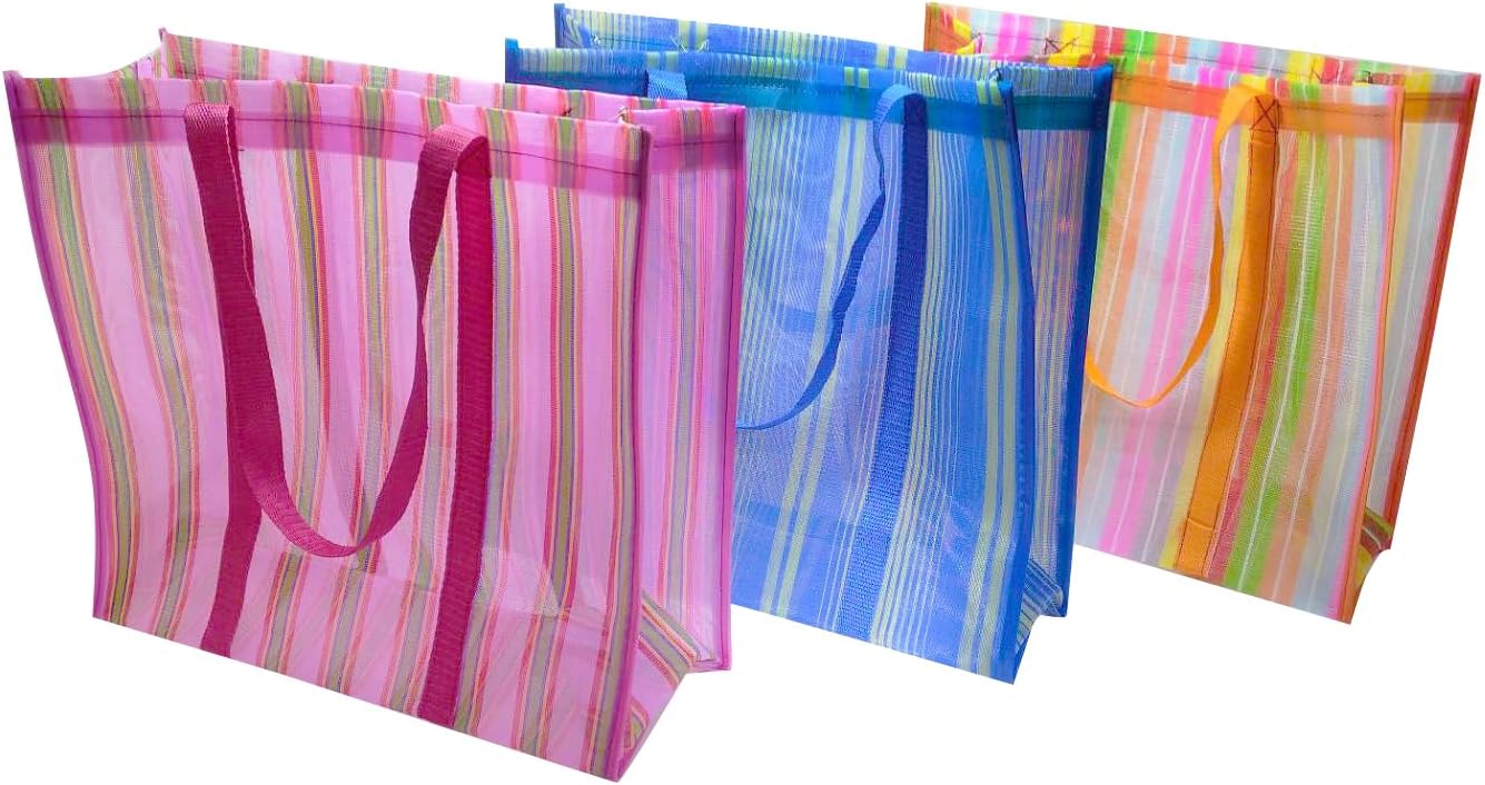 More Fiesta 3 Large Gusseted Mexican Mercado Bags, High Thread Mesh 17 x 14 Inches Size - Tote Market Reusable Grocery Multipurpose Bag with Assorted Colors