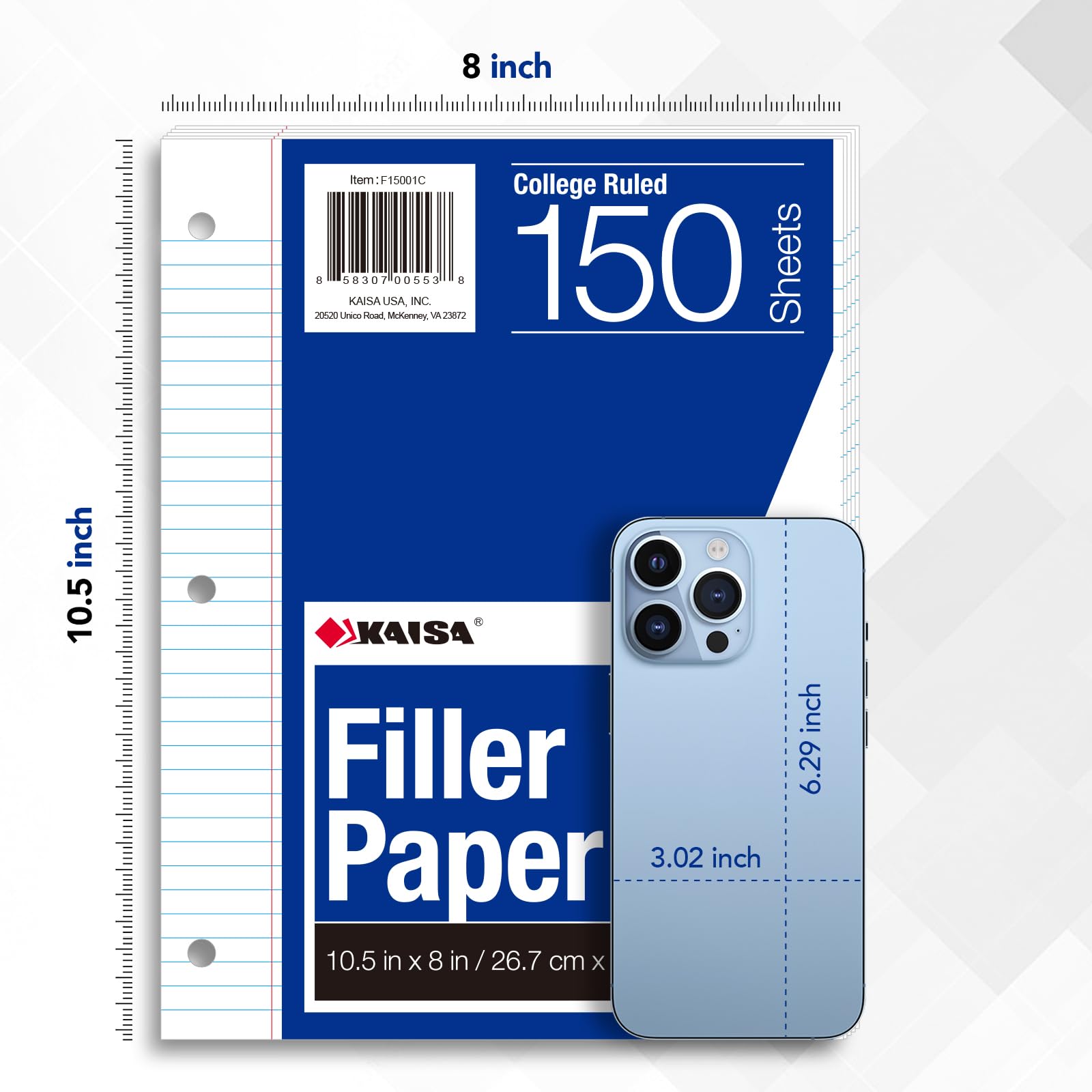 Kaisa Lot de 3 feuilles de papier ligné perforées à 3 trous de 20,3 x 26,7 cm pour classeur à 3 anneaux, 150 feuilles/paquet de papier pour ordinateur portable (college) F15001C-3pk