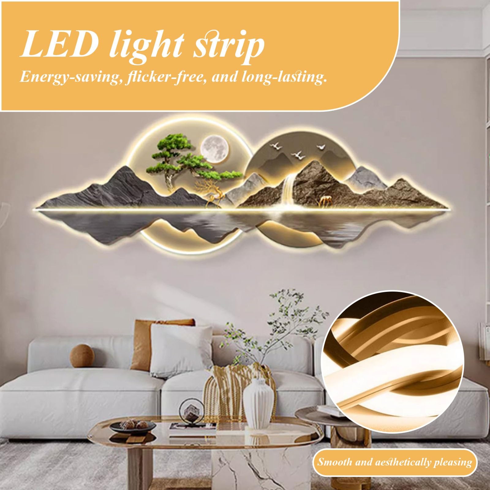 Wandkunst mit warmweißem LED-Licht，3D-Wandkunst LED-Beleuchtung – moderne chinesische Landschaftsmotive，Dekorative LED-Wandleuchten für Wohnzimmer,Schlafzimmer und Büros(B,150*50cm/59.1*19.7in)