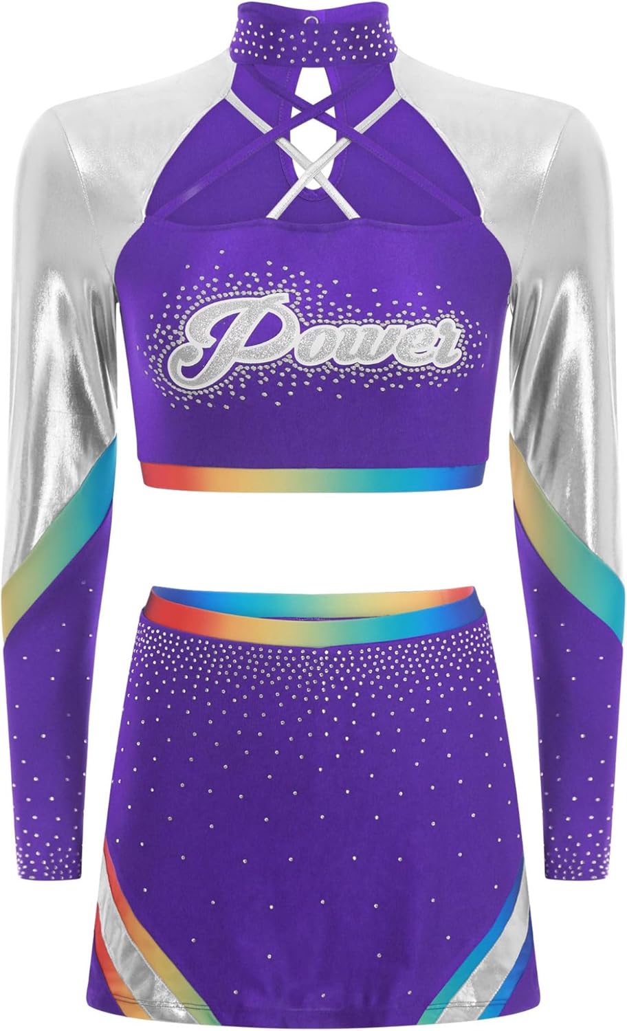 Sholeno Women Long Sleeves Cross Straps Crop Tops Cheerleading Uniform With Rhinestones For Adult