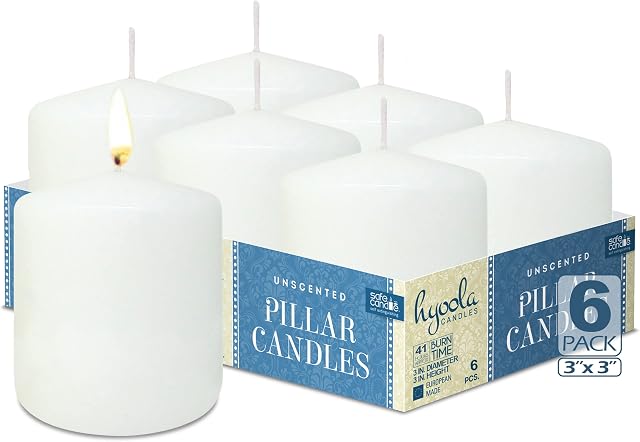 HYOOLA White Pillar Candles 75/75 mm (3 x 3 Inch) - 6 Pack Unscented Pillar Candle Set - European Made