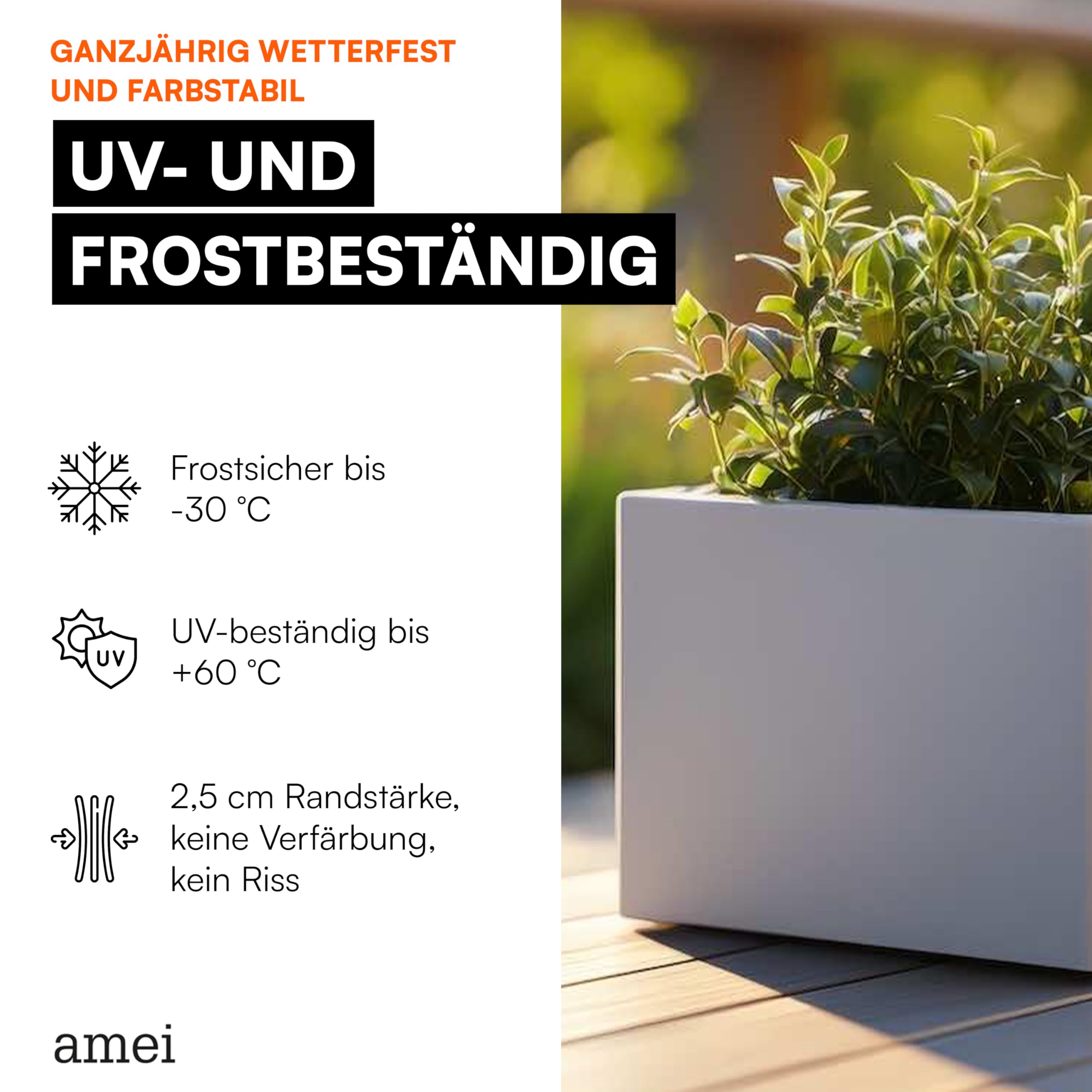 amei Der Kubische Pflanzkübel aus Fiberglas (Grau 42 x 42 x 42 cm) – Blumenkübel in geometrischer Optik – Handgefertigter Pflanzenkübel aus Stonefiber – UV-beständig und frostfest