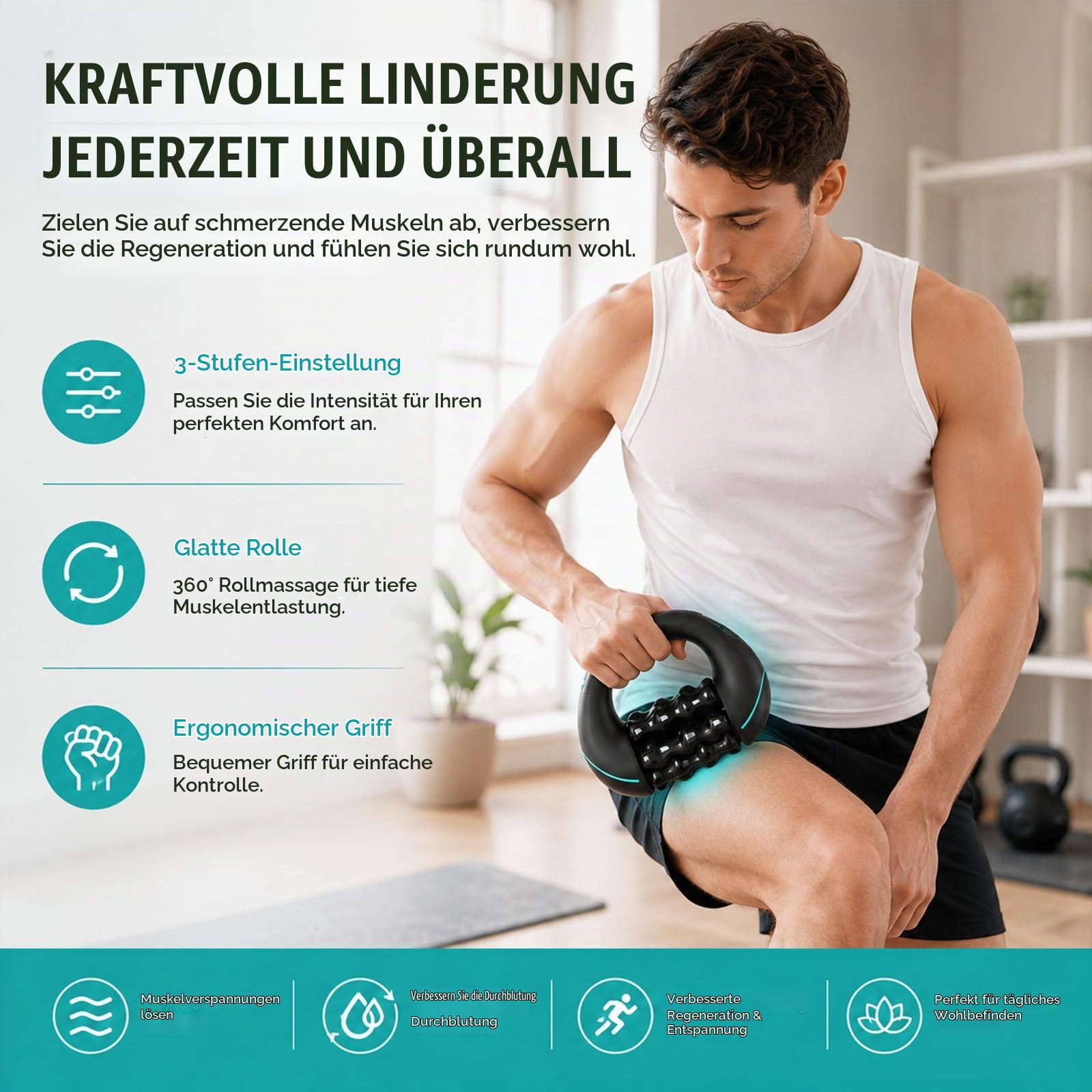 Elektrisches Handmassagegerät mit Rollen, 3 Stufen Massageroller USB Aufladbar, Leichtes Tiefengewebsmassagegerät für Rücken Schulter Beine Büro Fitnessstudio