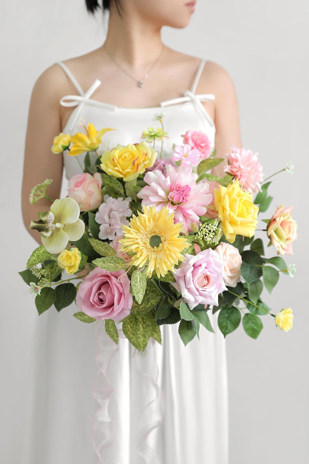 Yellow Pink Artificial Flowers Combo Set Fake Flower Leaf Box with Stemst for DIY Wedding Bridal Bouquet, Centerpieces, Home Decor, Floral Arrangement Decor - Image 3