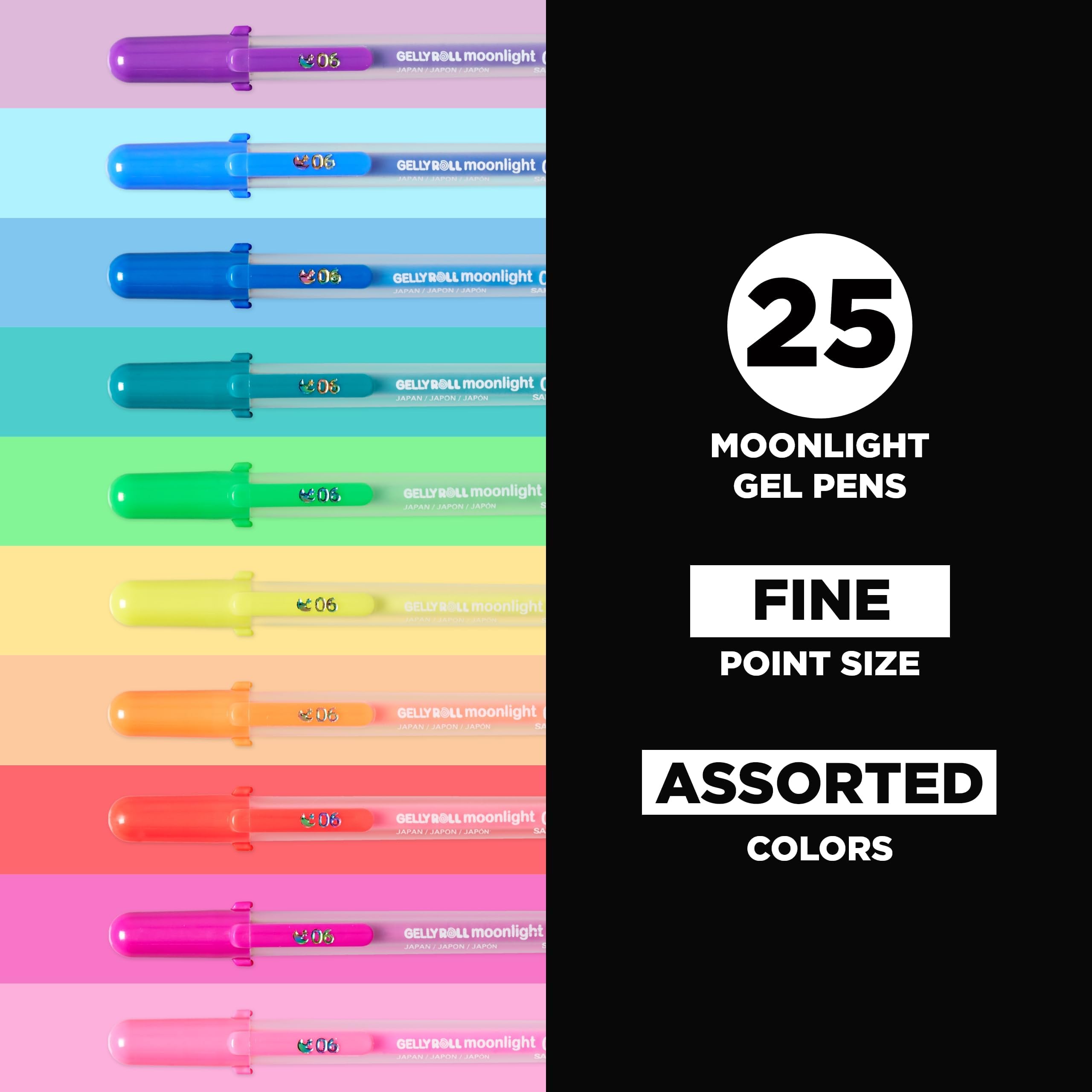SAKURA Gelly Roll Moonlight Pen Set, Fine, 25-Colors | Bolígrafos de tinta de punta fina para diario, arte o dibujo, tinta opaca, impermeable y resistente a la decoloración