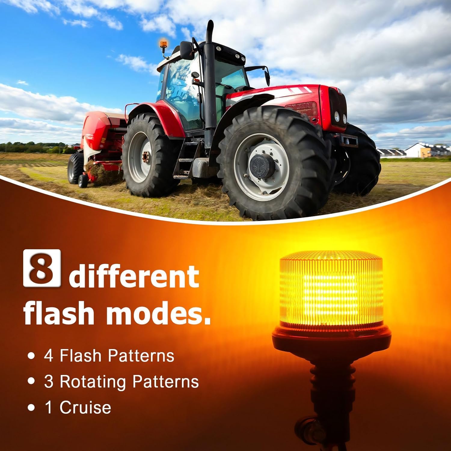 2 Stück LED Rundumleuchte, Orange Warnleuchte, 4 rotierende Muster 1 Kreuzfahrt 12V-24V DC IP67 für Auto, UTV, Traktor, Gabelstapler, Golfwagen