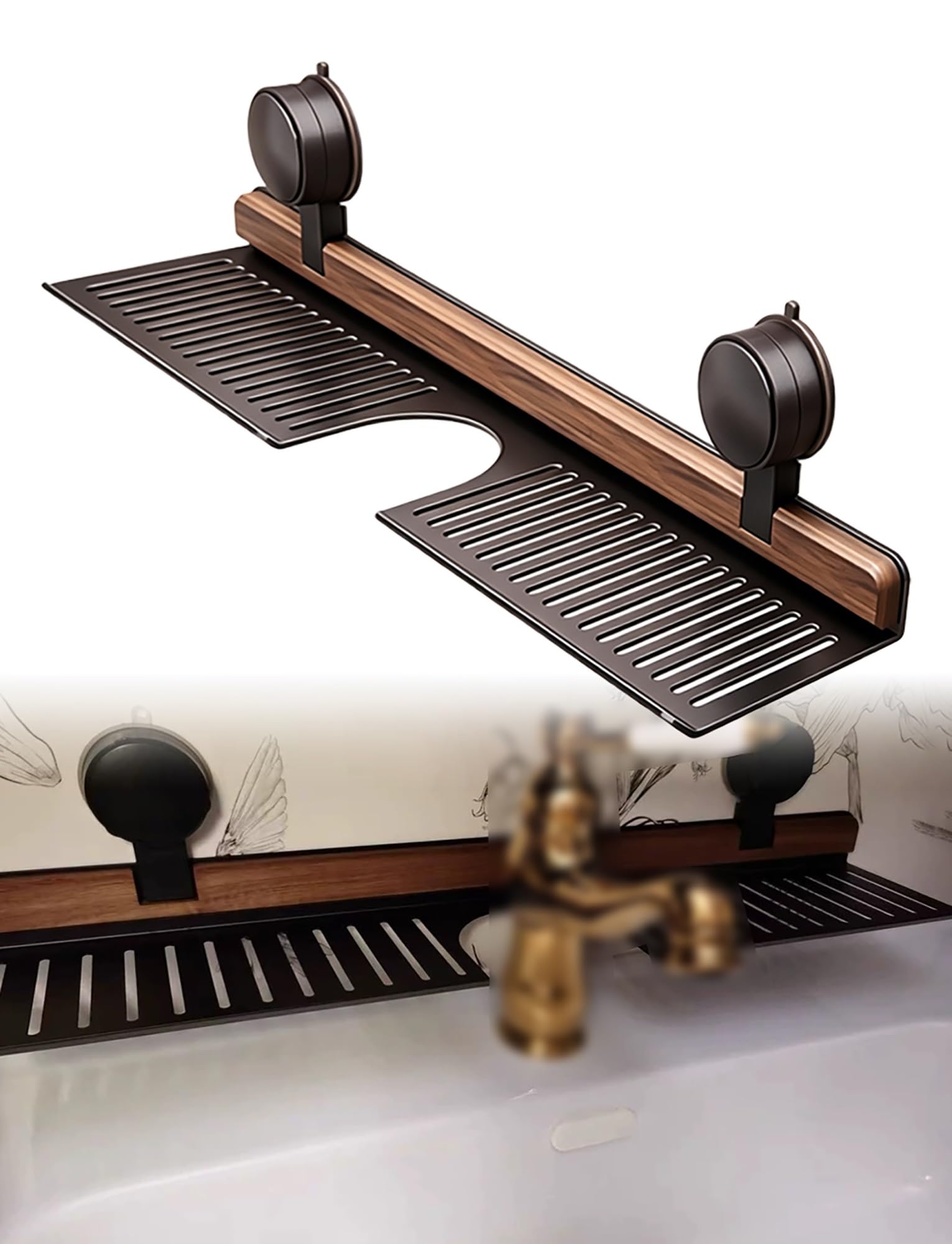 SVFOEBJM Walnut Bathroom Counter Organizer, No Drill Sink Shelf with Drainage Holes, Suction Cup Storage Rack for Over Faucet Holder(Black,60cm/23.6in)