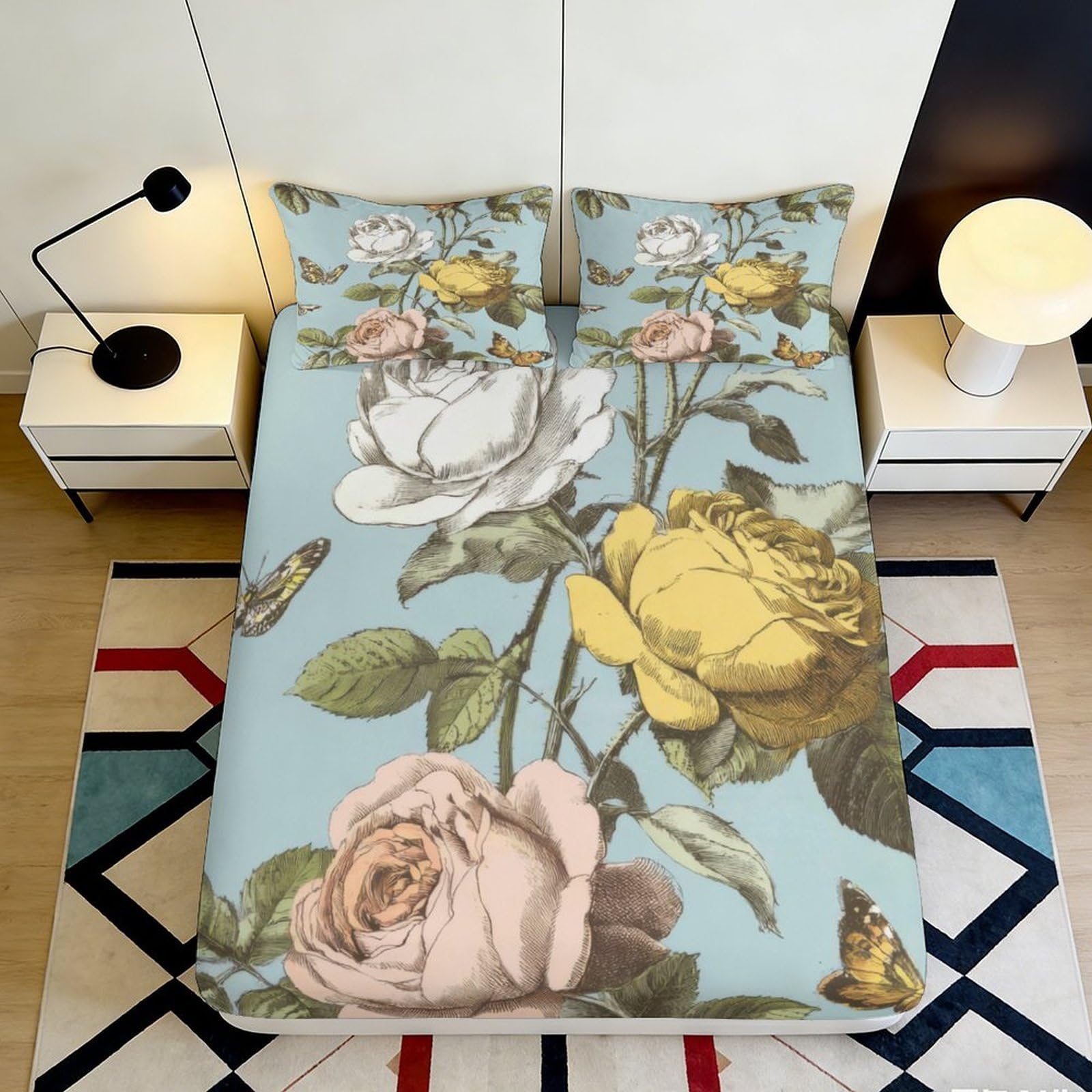 3D Printed Vintage Floral Butterfly Fitted Sheet Microfiber Soft Mattress Cover Anti-Slip for Bedroom Guest Room Decor 180x200x25cm