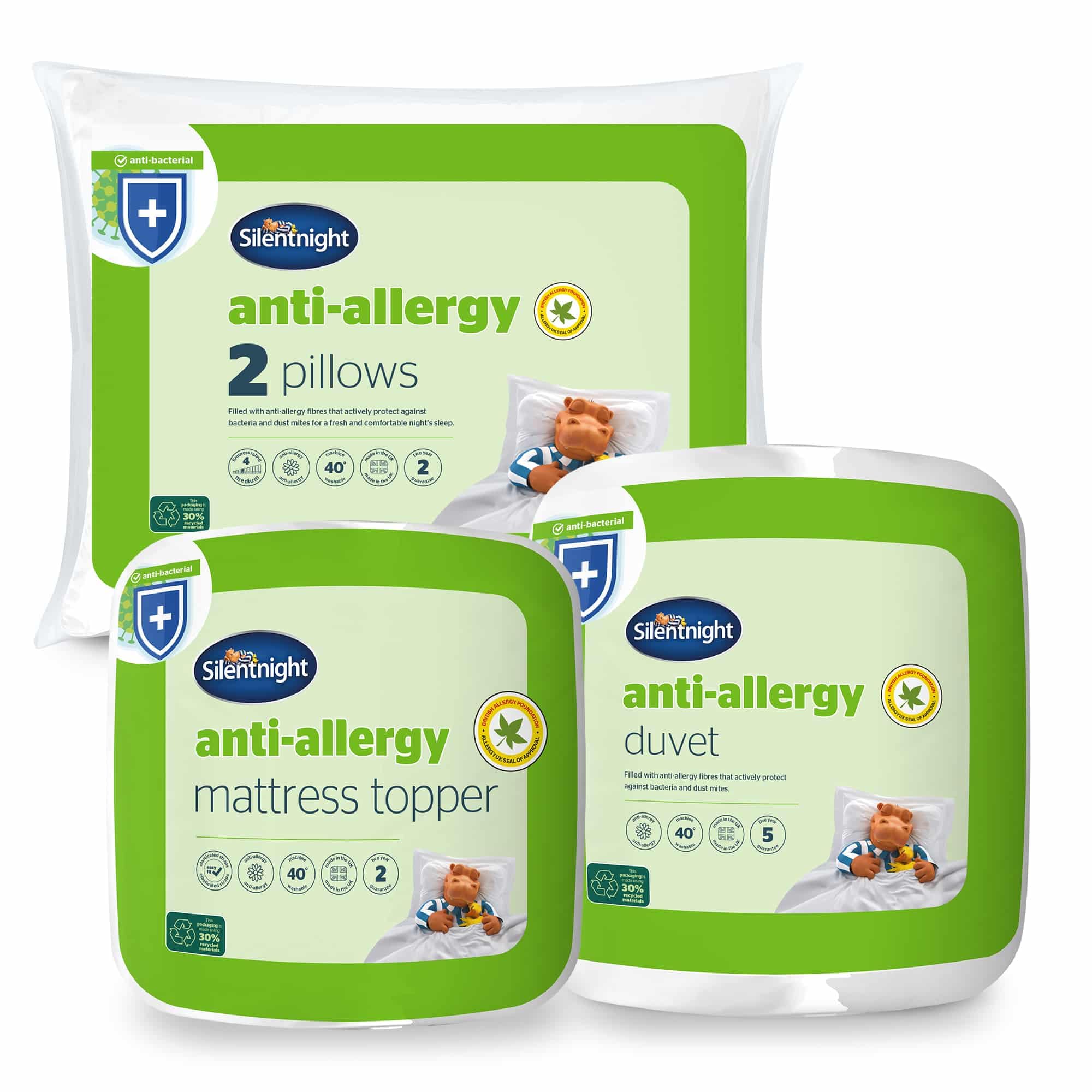 Silentnight White Anti Allergy 10.5 Tog Duvet, Pillow Pair & Mattress Topper Bundle - All Year Round Winter Quilt - Anti-Bacterial And Machine Washable With Allergy Uk Approved - Single