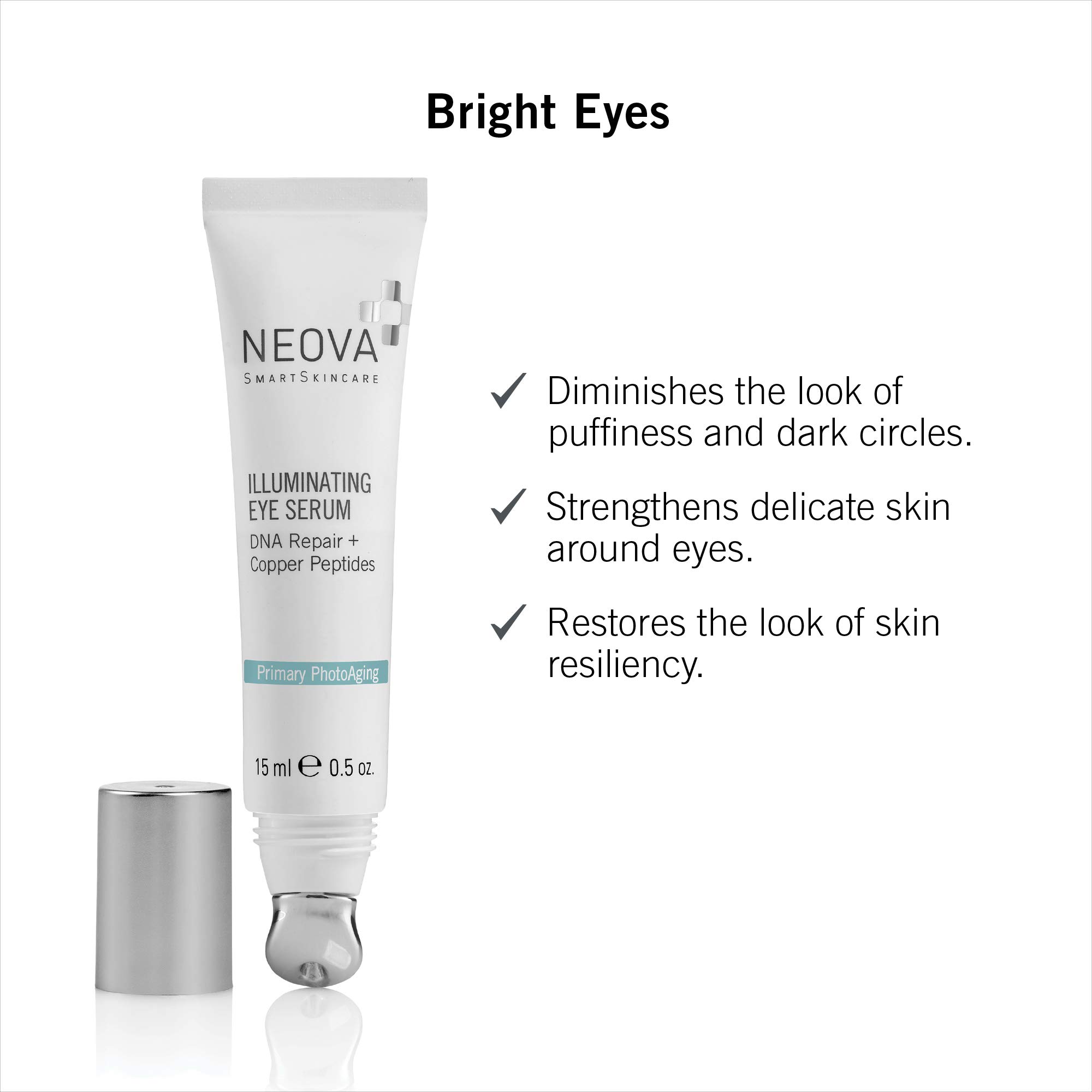 NEOVA SmartSkincare Illuminating Eye Serum with DNA Repair Enzymes and Copper Peptide provides an instant wrinkle-masking effect.