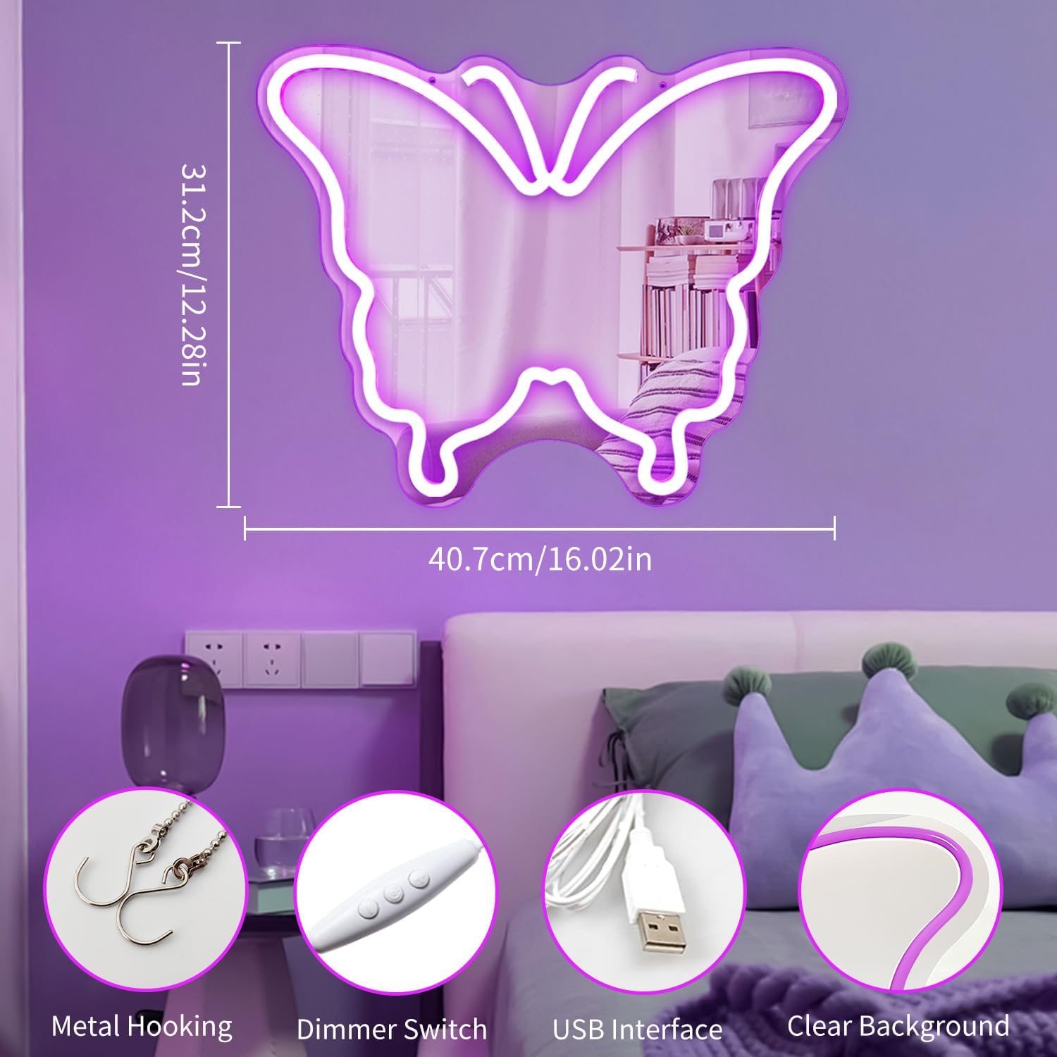 Butterfly Mirror Purple Butterfly Neon Sign Dimmable USB Wall Neon Lights for Bedroom Girls Led Mirror for Bedroom Pretty Mirrors for Girls Room