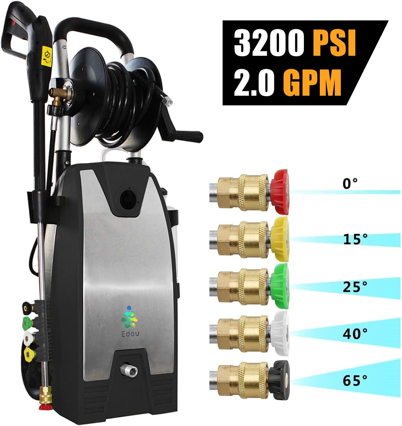 EDOU 3200 Max PSI 2.0 GPM Electric Pressure Washer,Including Power Washer Gun,Nozzles,High Pressure Hose with Hose Reel