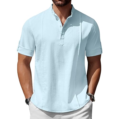COOFANDY Men's Henley T-Shirts Short Sleeve Casual Button Henley Shirts Band Collar Tee Summer Beach Hippie Shirts