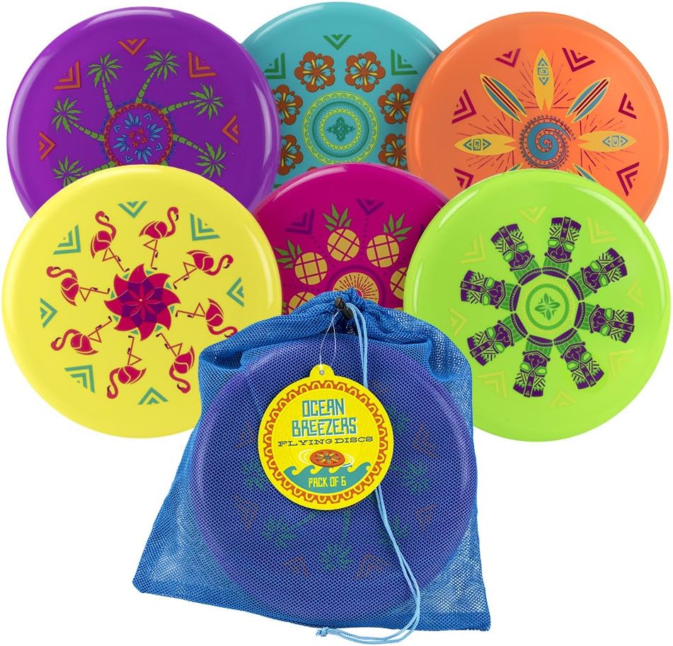 Sol Coastal Ocean Breezers Flying Discs - Pack of 6 in a Quick-Dry Mesh Carry Bag - Great for The Beach