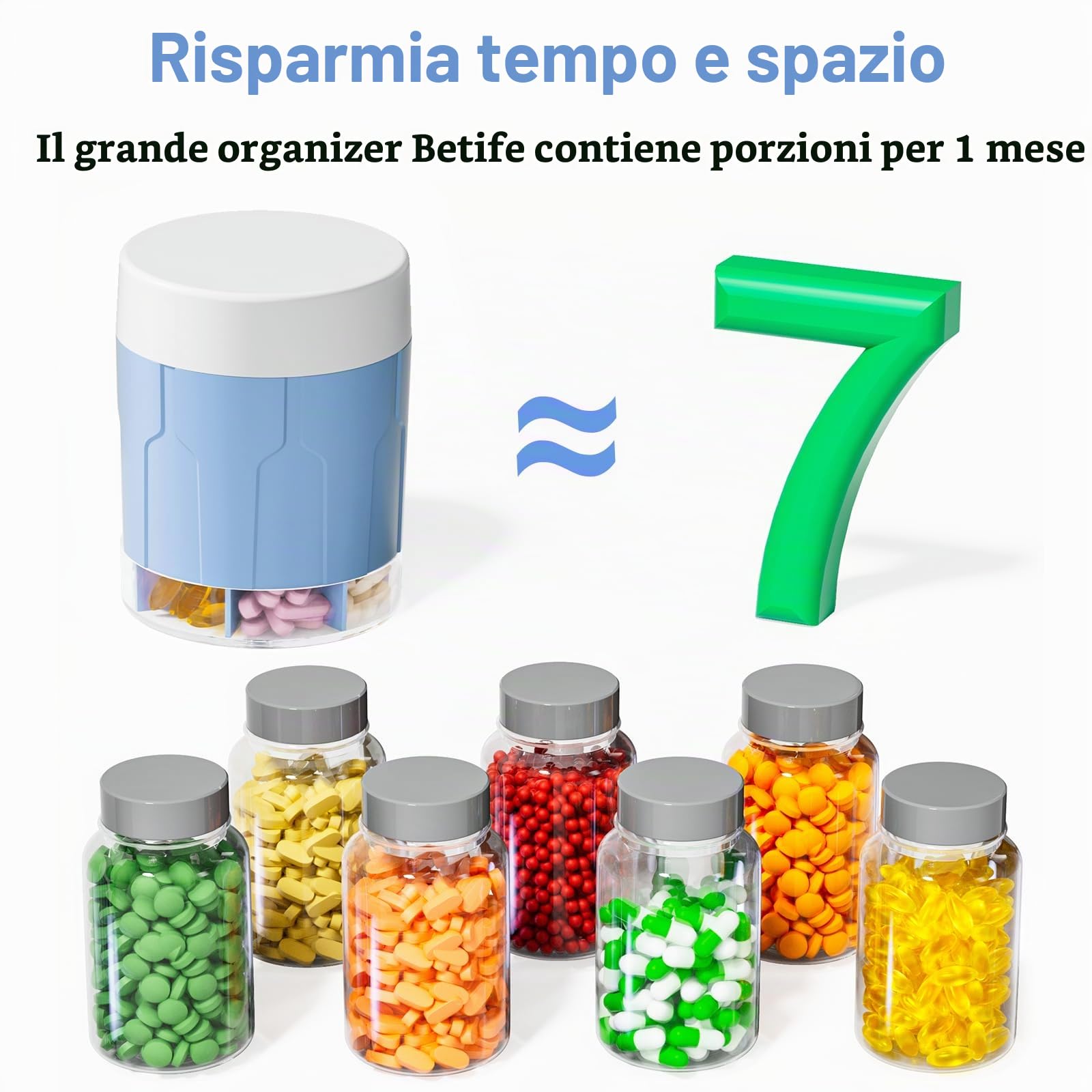 Betife - Organizer per pillole settimanali e giornaliere, con 7 scomparti grandi, organizer per contenere vitamine o farmaci per 7 giorni, include 21 etichette (blu)