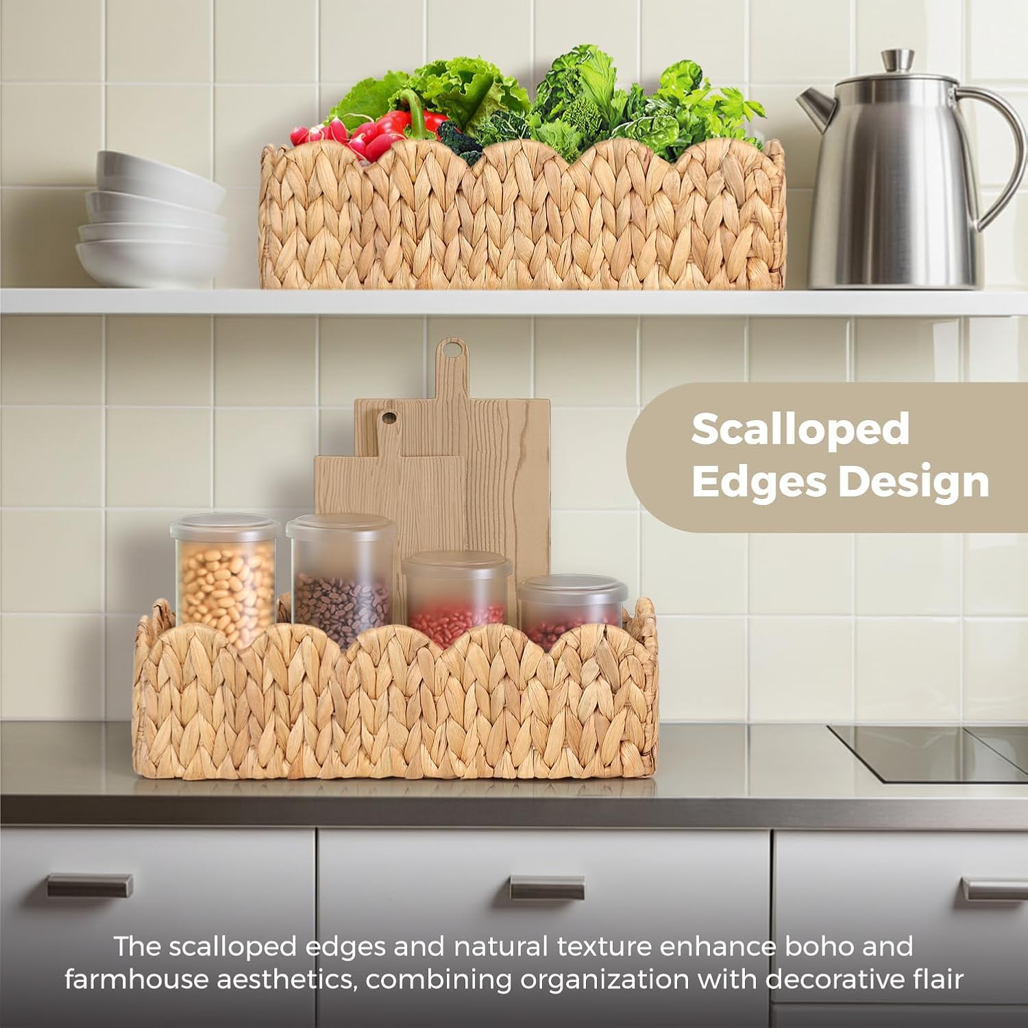 Handwoven Water Hyacinth Scalloped Countertop Storage Basket, Toilet Tank Basket for Bathroom, Scalloped Edge Wicker Rectangle Basket for Toilet Paper Baskets (2, Natural)