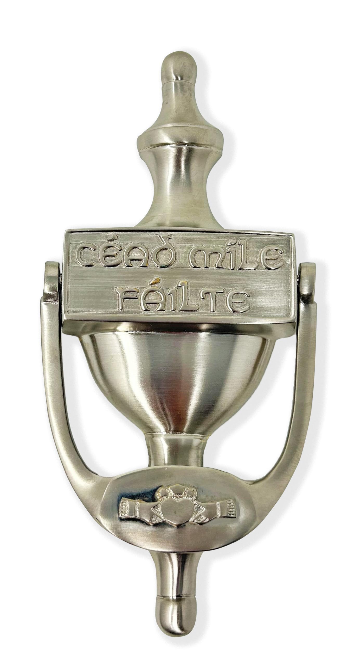 Exclusively Irish Satin Nickel Claddagh Door Knocker For Front Door Cead Mile Failte Brass Knocker 8" Welcome Gift Ireland Home Décor (Satin Nickel)