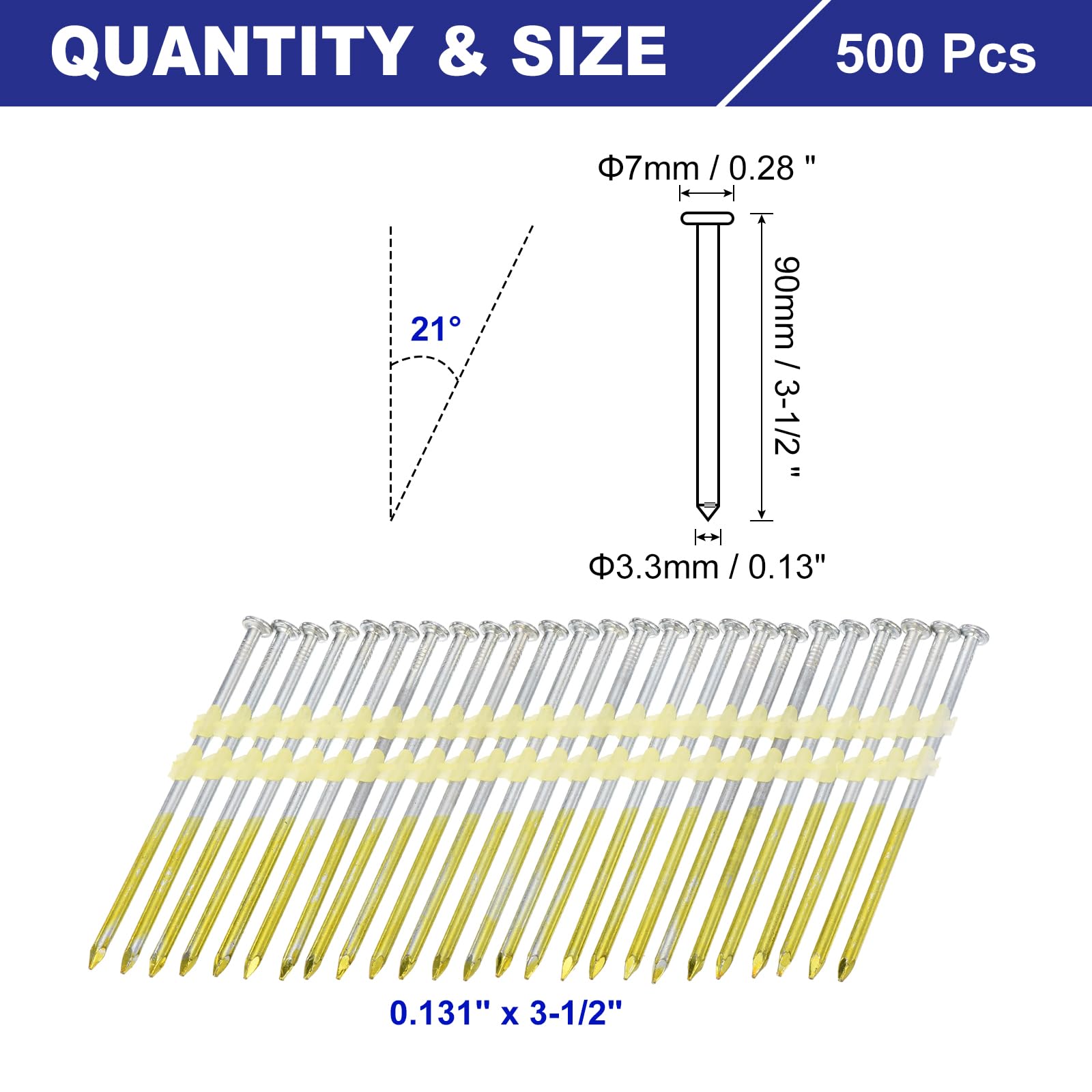 sourcing map 500 clavos de marco de 21 grados de 0.12 x 3-1/2 pulgadas, clavos de acero al carbono galvanizado para muebles/construcciones, color zinc