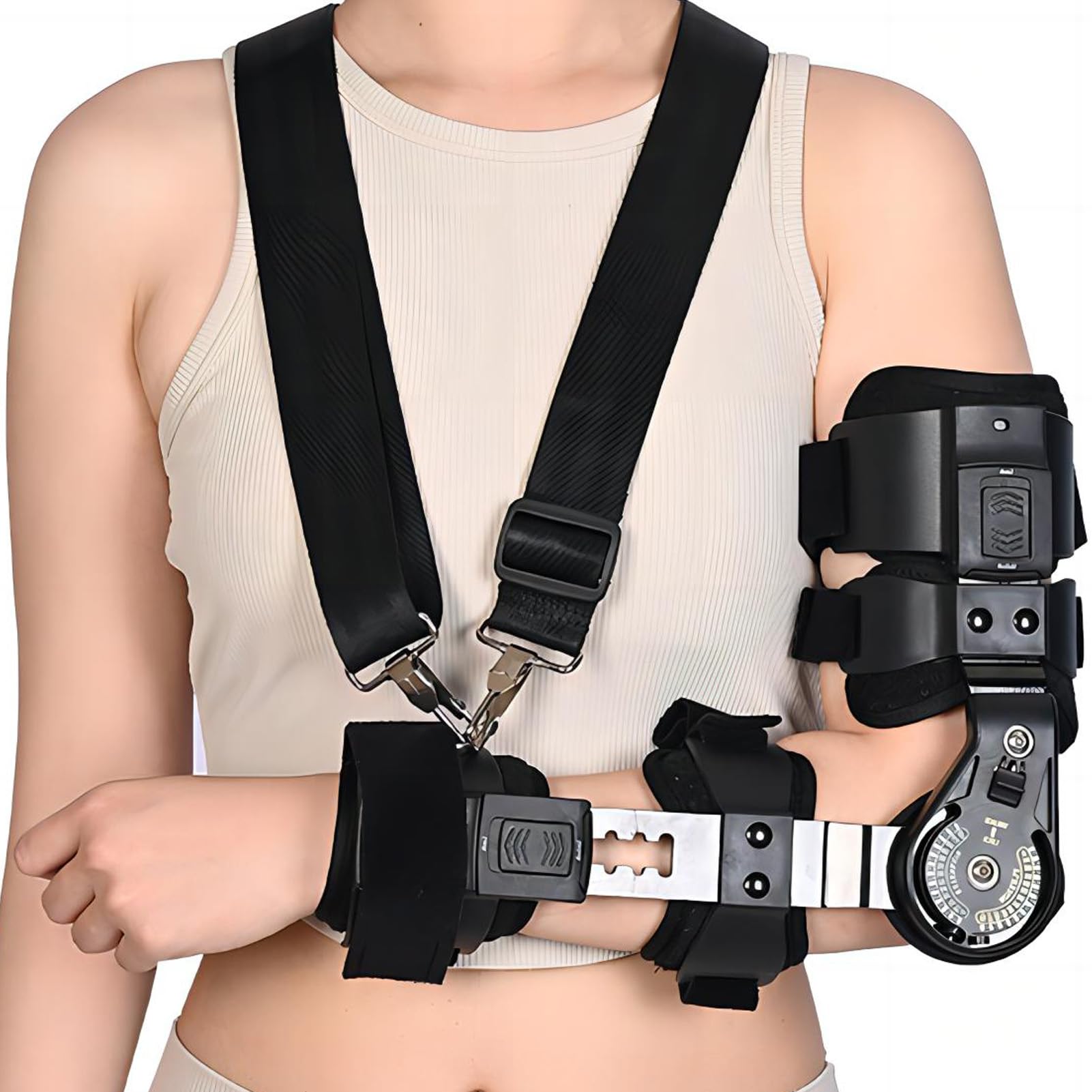 Tutore per Gomito Post-Operatorio con Cerniera, Angolo e Lunghezza Regolabili, Supporto per Gomito con Cinturino per Spalla per Recupero Post-Operatorio e Riabilitazione da Infortuni,Left