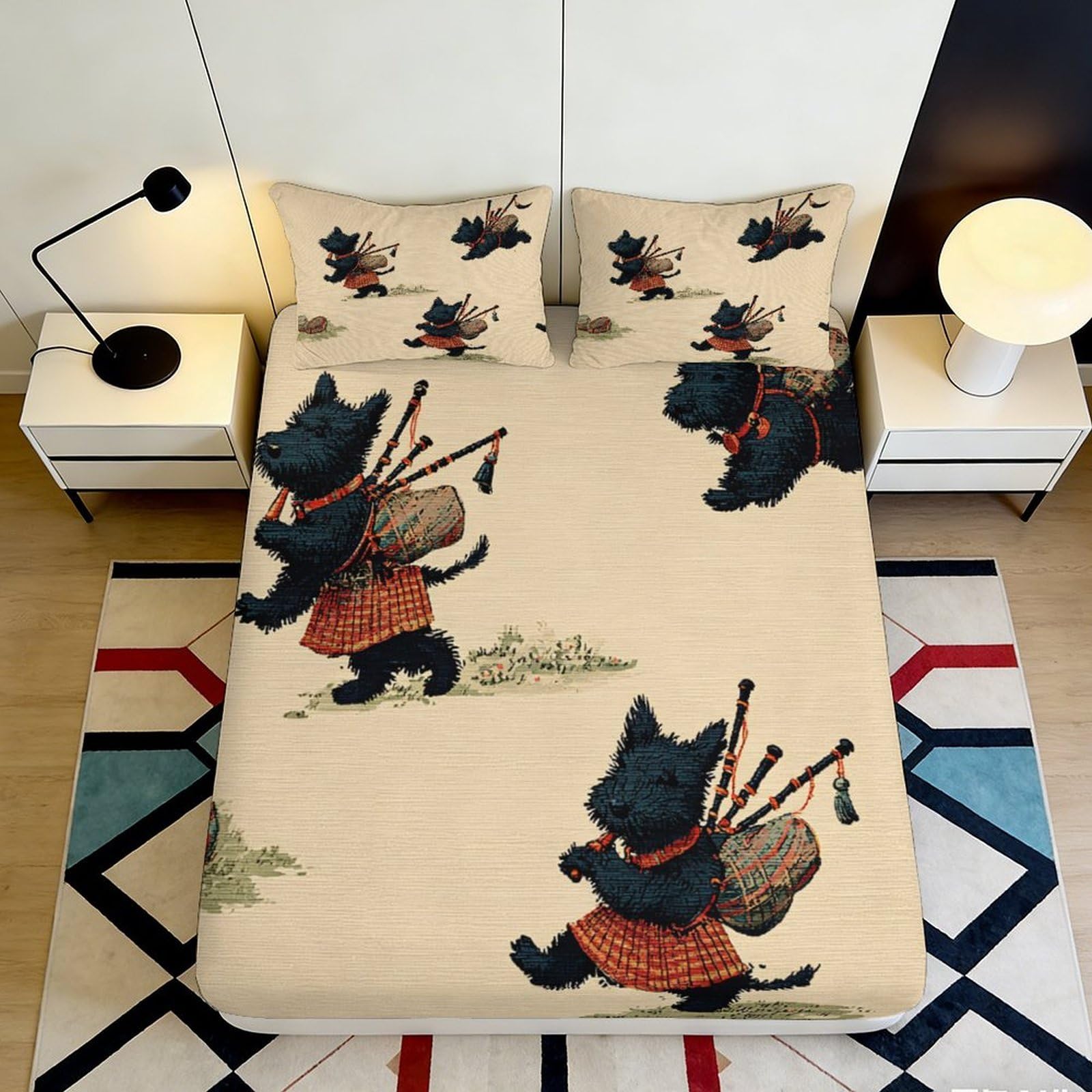 Pnayamiorkfel Style-1 3D Printed Scottish Terrier Fitted Sheet Microfiber Soft Breathable Bagpipe Pattern Bed Cover For Bedroom Dorm Decor 90X200x25cm