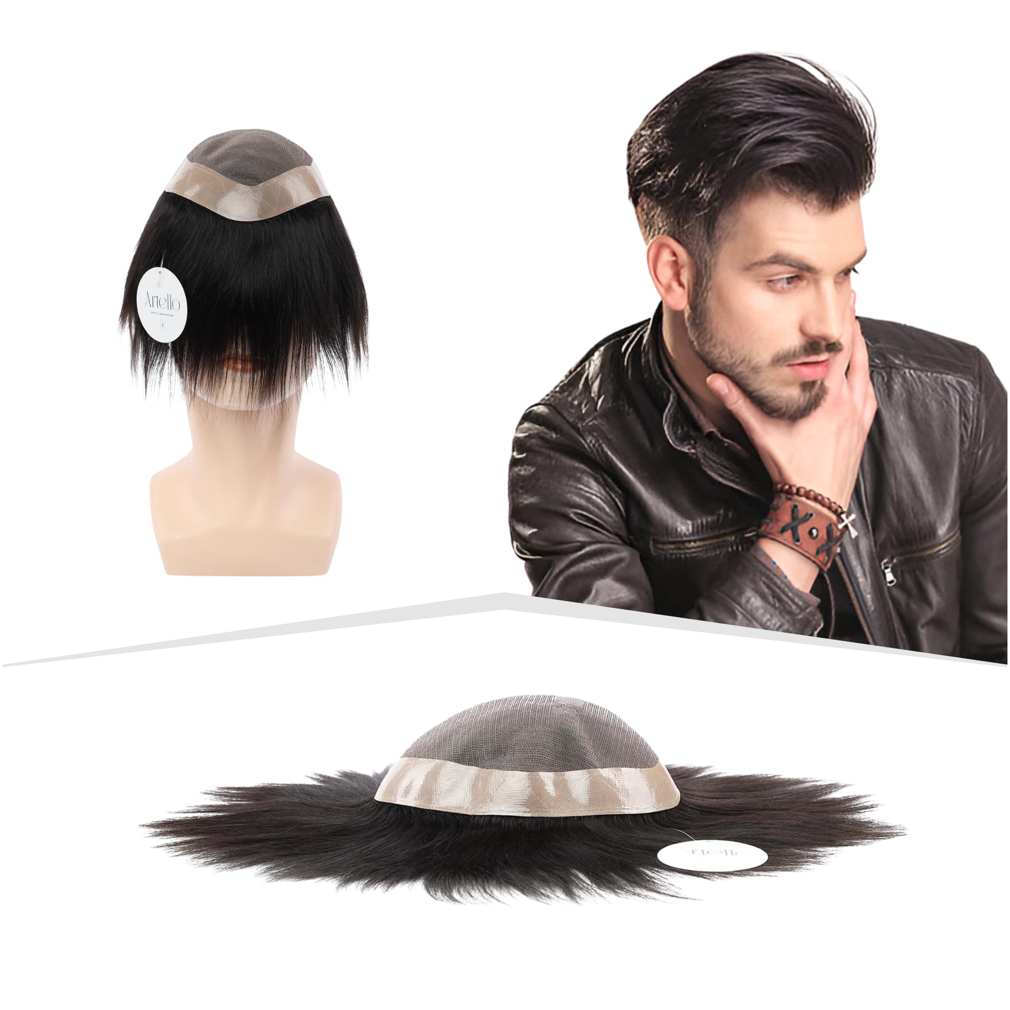 Artello® PREMIUM MONO Smart Hair Patch for Men, Smooth Hair Wig in 100% Natural Human Hair, Easy Fit with Tape, Glue or Clips, 3D Premium Base (Colour: Natural Black) (9x7)-image-42