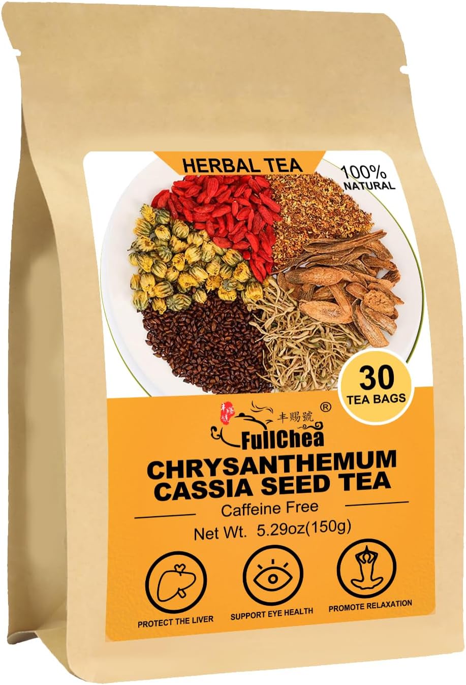 FullChea - Chrysanthemum Cassia Seed Tea Bag, 30 Pcs Teabags for Liver Detox Cleanse 5.29oz / 150g - Burdock Root, Goji Berries, Osmanthus, Dandelion, Licorice, Barley Chinese Herbal Tea