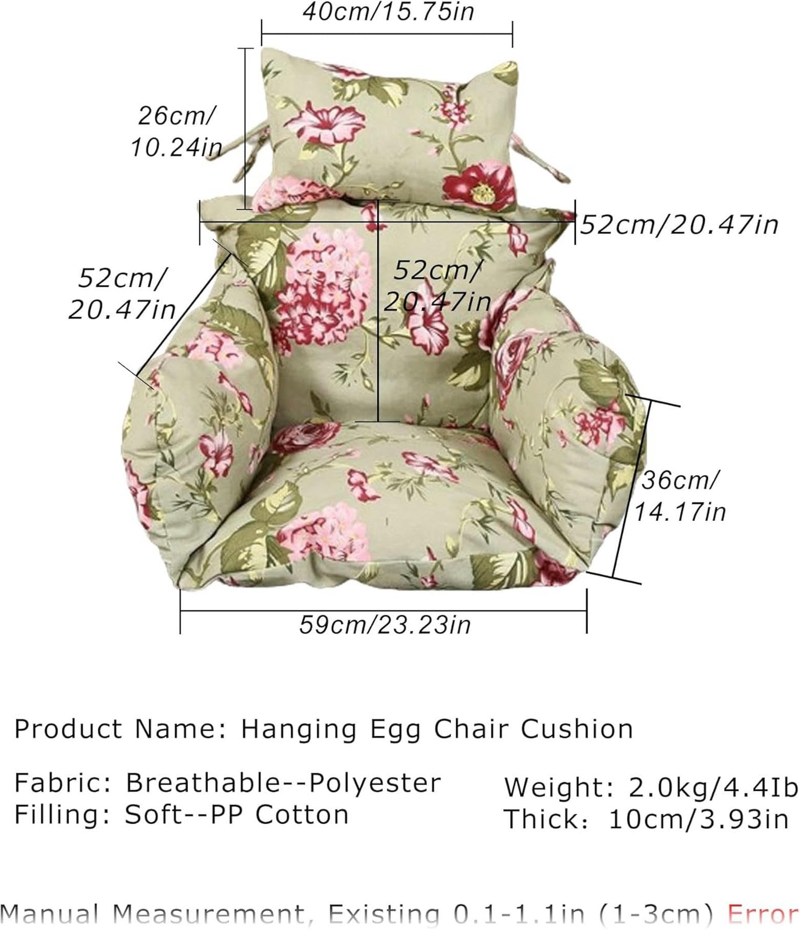 124 x 126 cm/48 x 49 cali duży rozmiar poduszka zastępcza na krzesło do jajek, pogrubiona poduszka na krzesło na patio, ergonomiczna, nadająca się do prania, poduszka na huśtawkę z 1 tym samym