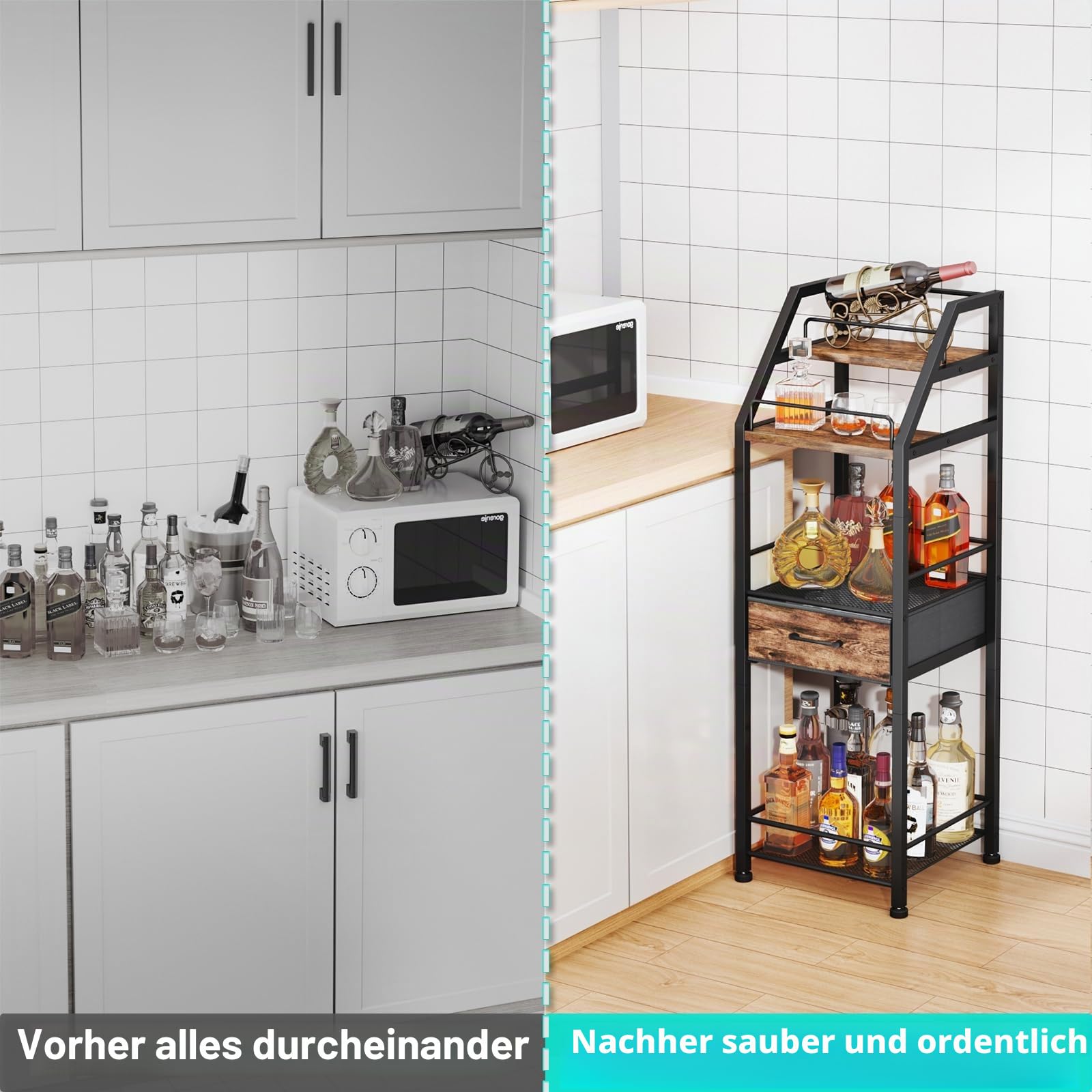 HapiRm Weinregal Freistehend Weinflaschenregal Flaschenregal - 4-stöckiger Stufenlikör Flaschenständer für Zuhause mit Stoffschublade, Wein & Glas Organizer für Bar, Wohnzimmer, Küche oder Esszimmer