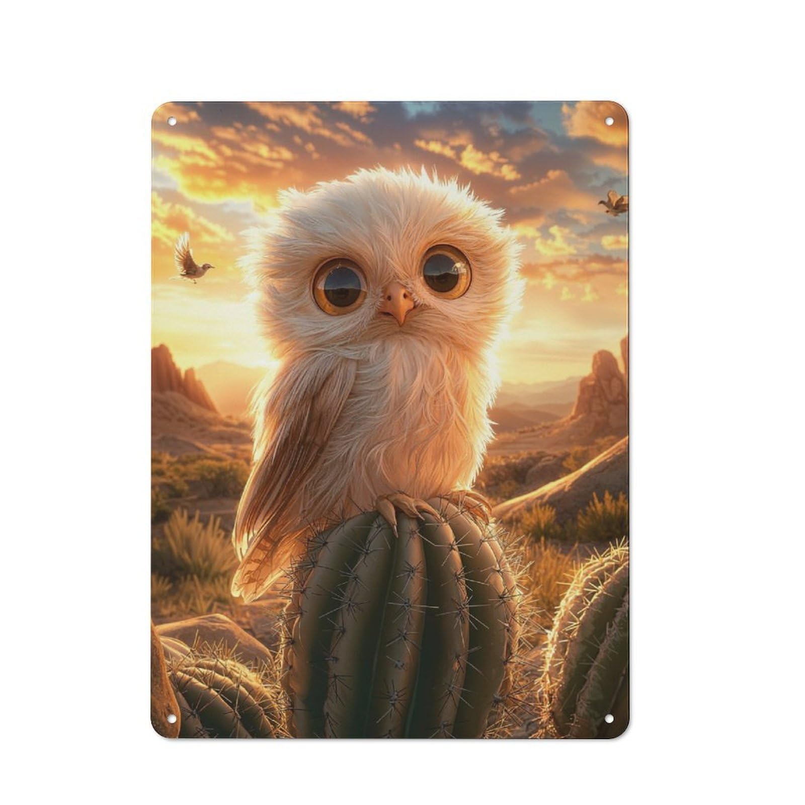 Junmoney Cute Owl On Cactus Rustic Tin Sign 40X30cm For Lounge Or Reading Corner, For Vintage Wall Decor Fans, For Garage And Workshop Walls