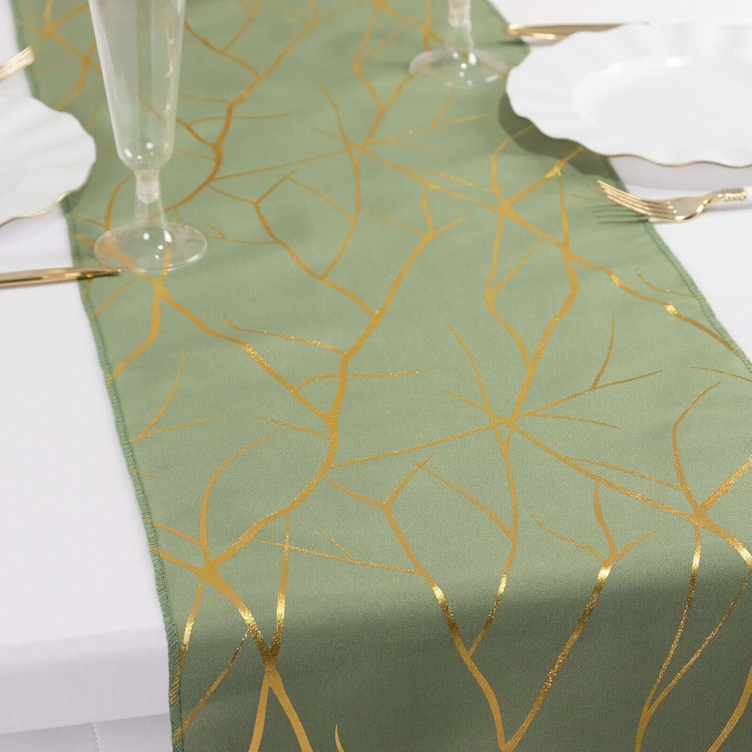 Efavormart Dusty Sage Green Polyester Table Runner with Gold Foil Tree Branch Pattern - 9ft