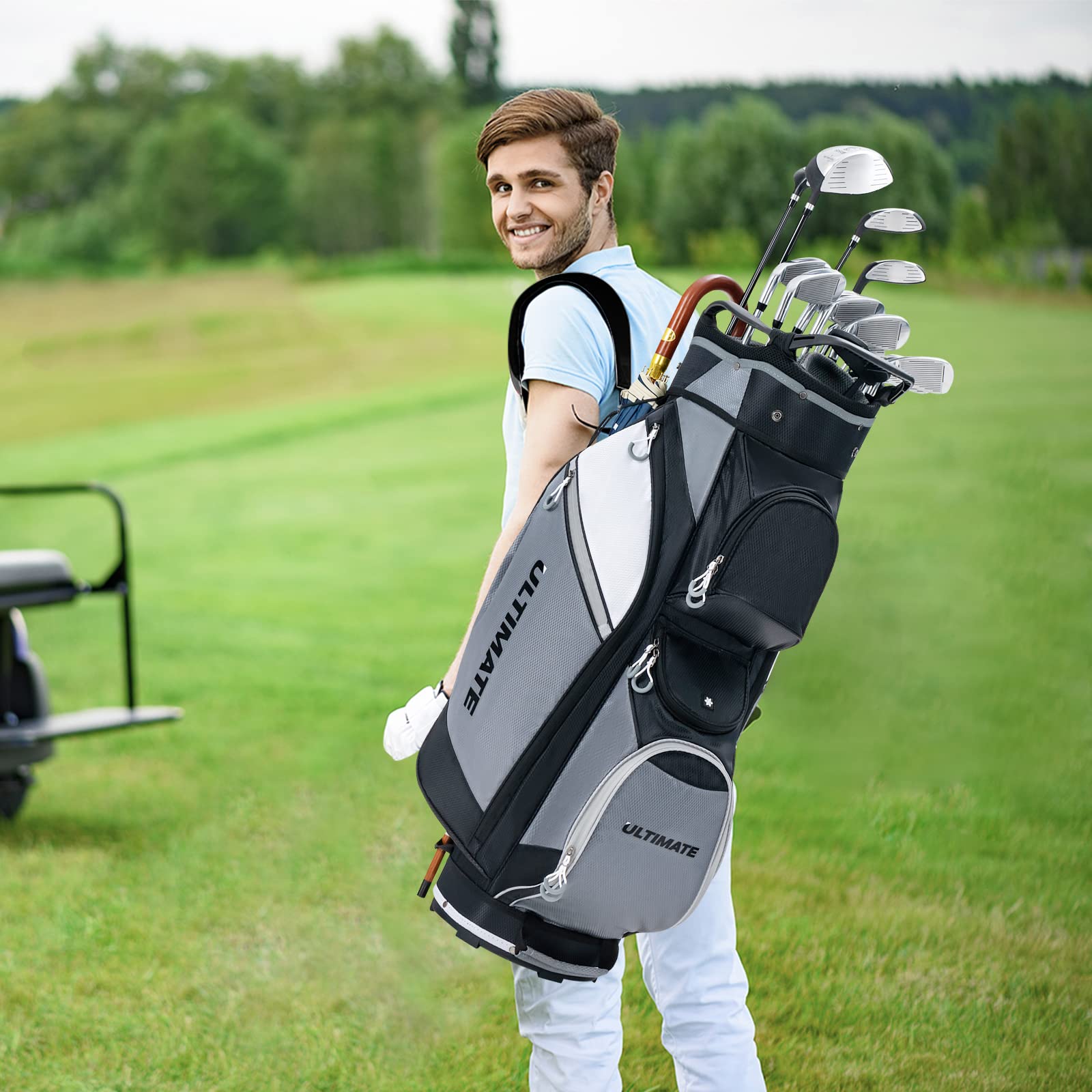 COSTWAY Bolsa Golf con 14 Palos, Bolsa Palos Golf Portátil y Ligera de 2kg, Impermeable, 11 Bolsillos con Cremallera, Capucha para la Lluvia, Cart Bag Unisex Adulto