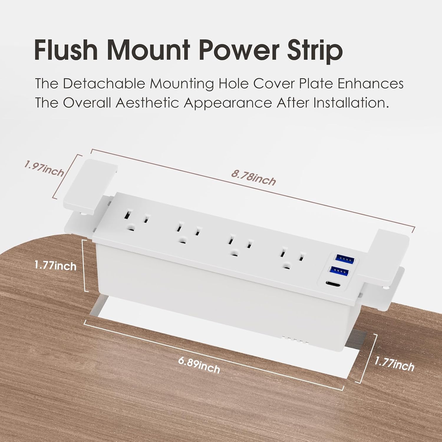 PD65W Recessed Power Strip, Furniture Drawer Outlet, Flush Mount Power Strip with 3 USB Ports and 4 AC Outlets, 16 AWG 5 FT Spring Cord, White