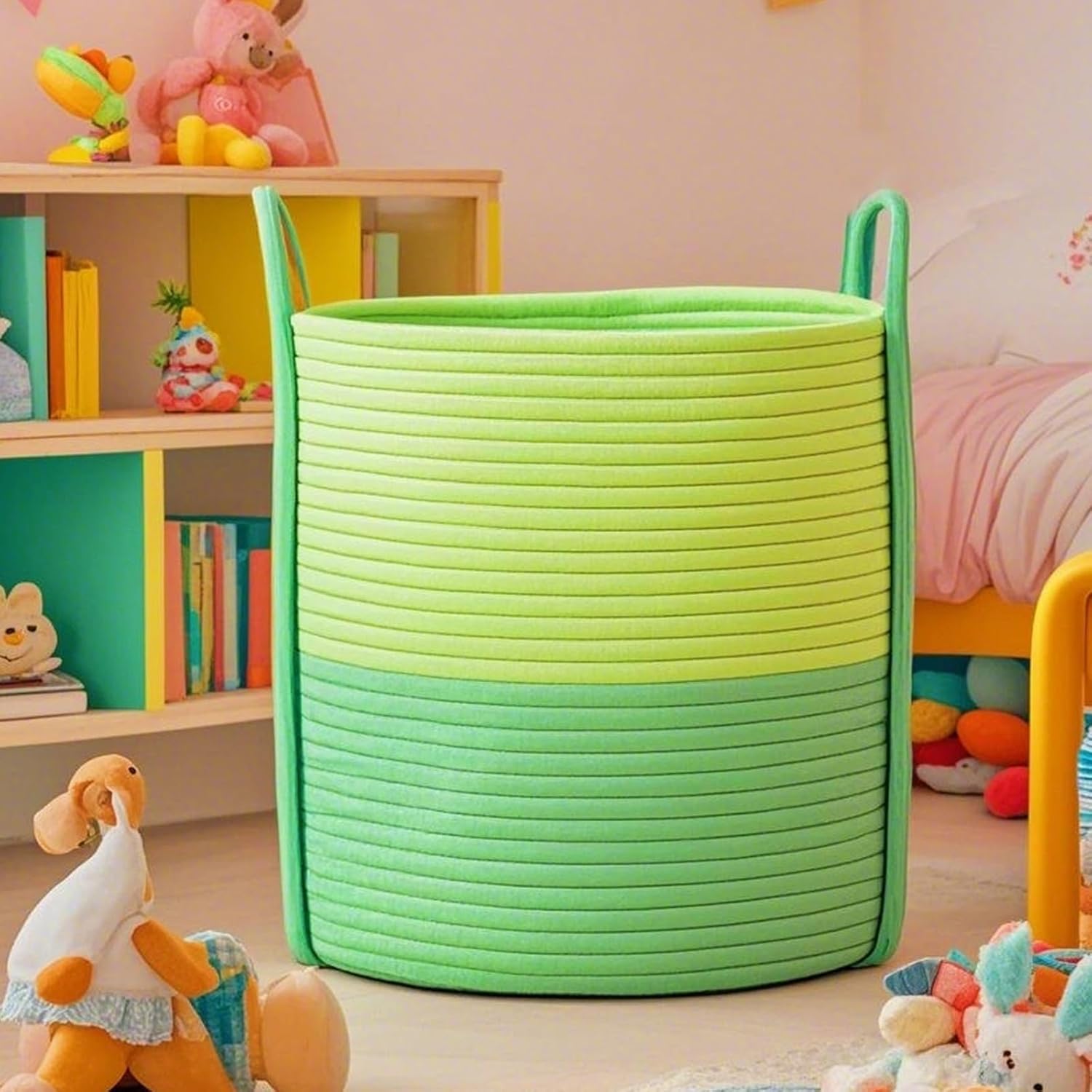 Cotton Rope Laundry Basket with Handles, 40L Woven Collapsible Storage Hamper for Kids, Nursery, Bedroom & Laundry Room - Multi-Color Dopeamine Design, Basket for Clothes, Toys& Blankets (Green)