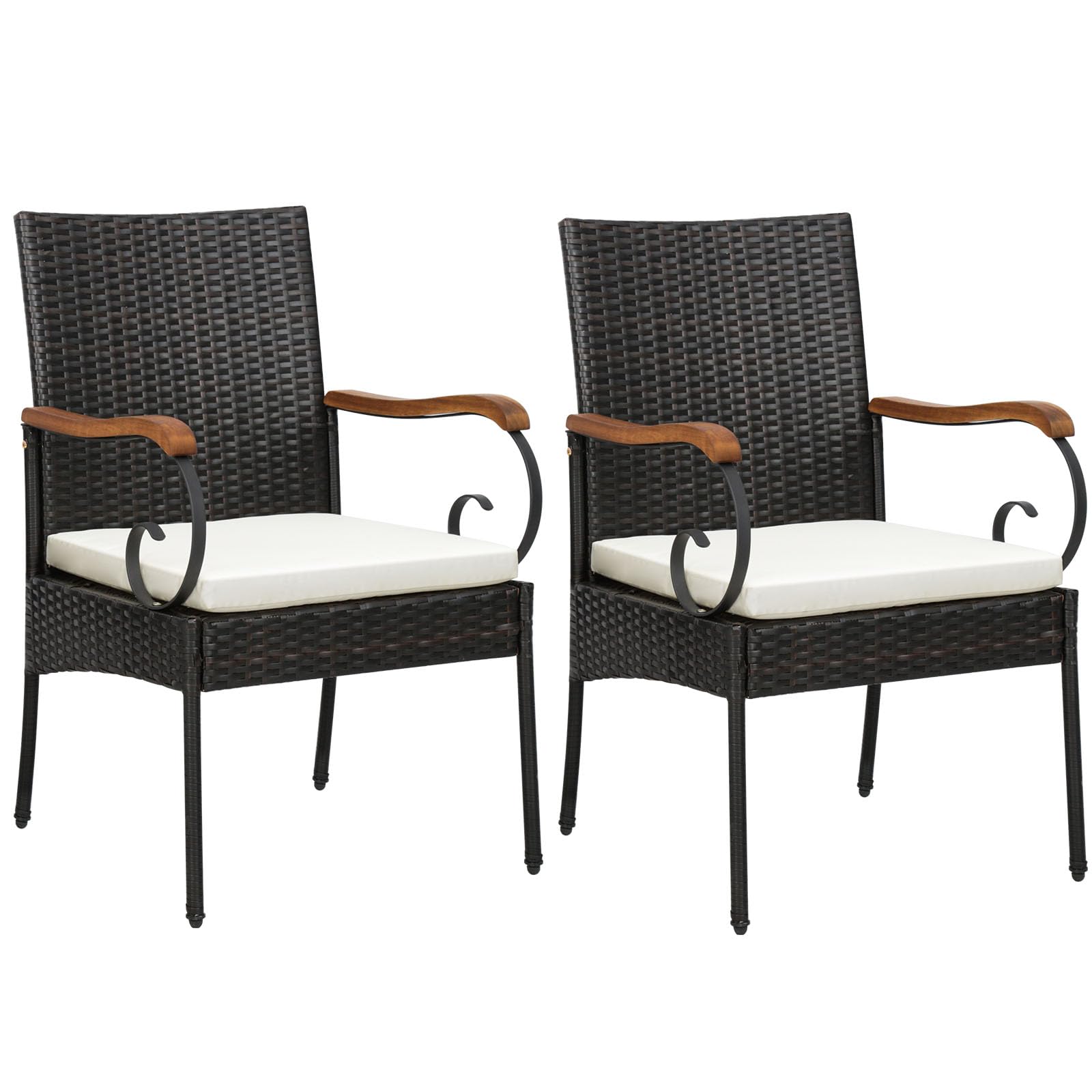 LIFEZEAL Juego de 2 Sillas de Mimbre para Exterior, Sillas de Ratán con Reposabrazos de Madera de Acacia, Carga 180 kg, Sillón de Comedor para Jardín, Terraza, Balcón (Estilo 2)