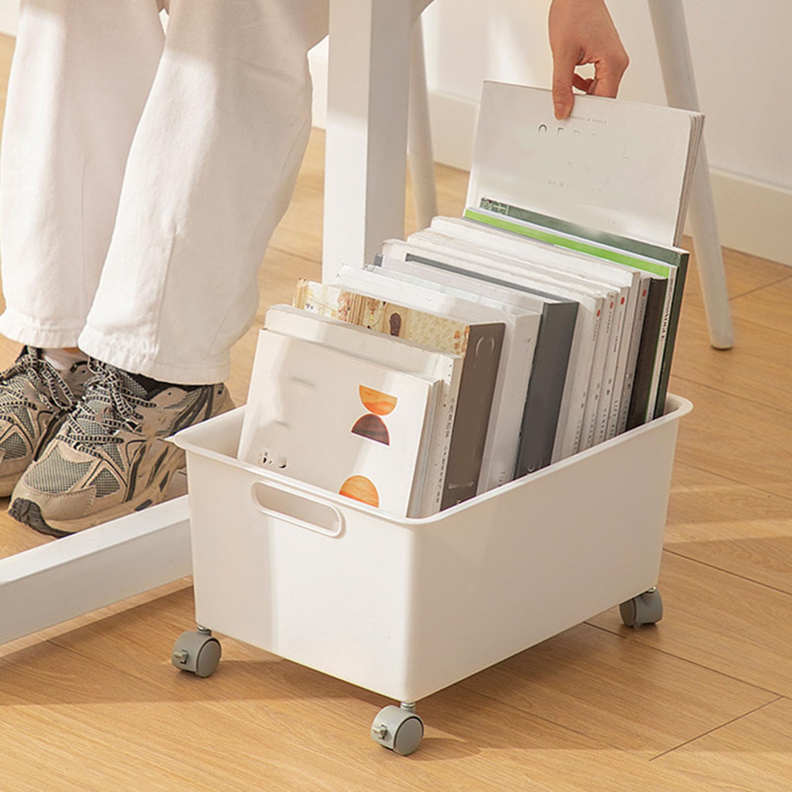 Contenedores de almacenamiento con ruedas, caja de almacenamiento rodante, caja de archivos rodante, cesta para libros, organizador de adornos con ruedas para libros, ropa, zapatos (Blanca)