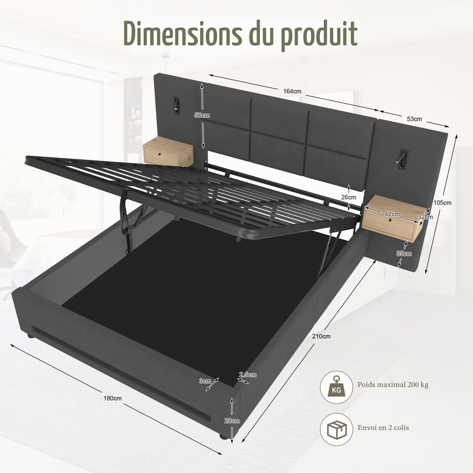 PUGSDRLY Lit 180x200 avec Sommier à Lattes Solide,Lit Coffre 2 Personnes Rembourré avec Tiroirs de Chevet,LED Réglable,Port USB-C,Stockage Hydraulique,pour Ados Adultes(Gris foncé)