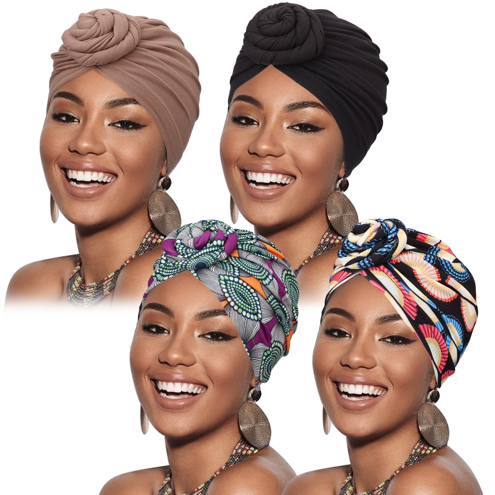 DRESHOW 4 Pack Women Turban African Pattern Knot Headwrap Beanie Pre-Tied Bonnet Chemo Cap Hair Loss Hat