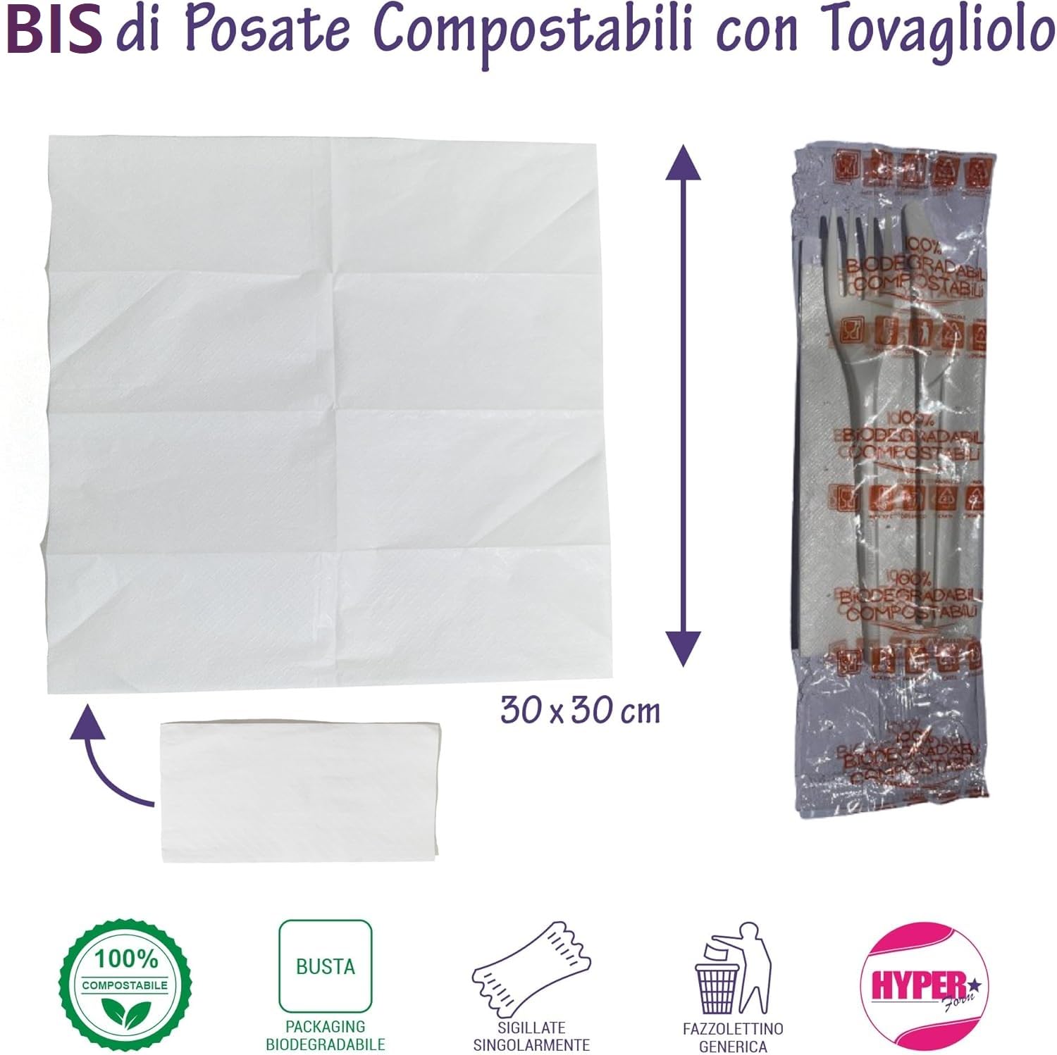 HYPER form Set Posate Biodegradabili e Compostabili con Forchetta e Coltello, imbustato singolarmente con Tovagliolo, Bis 100 Pezzi, Made in Italy (100)