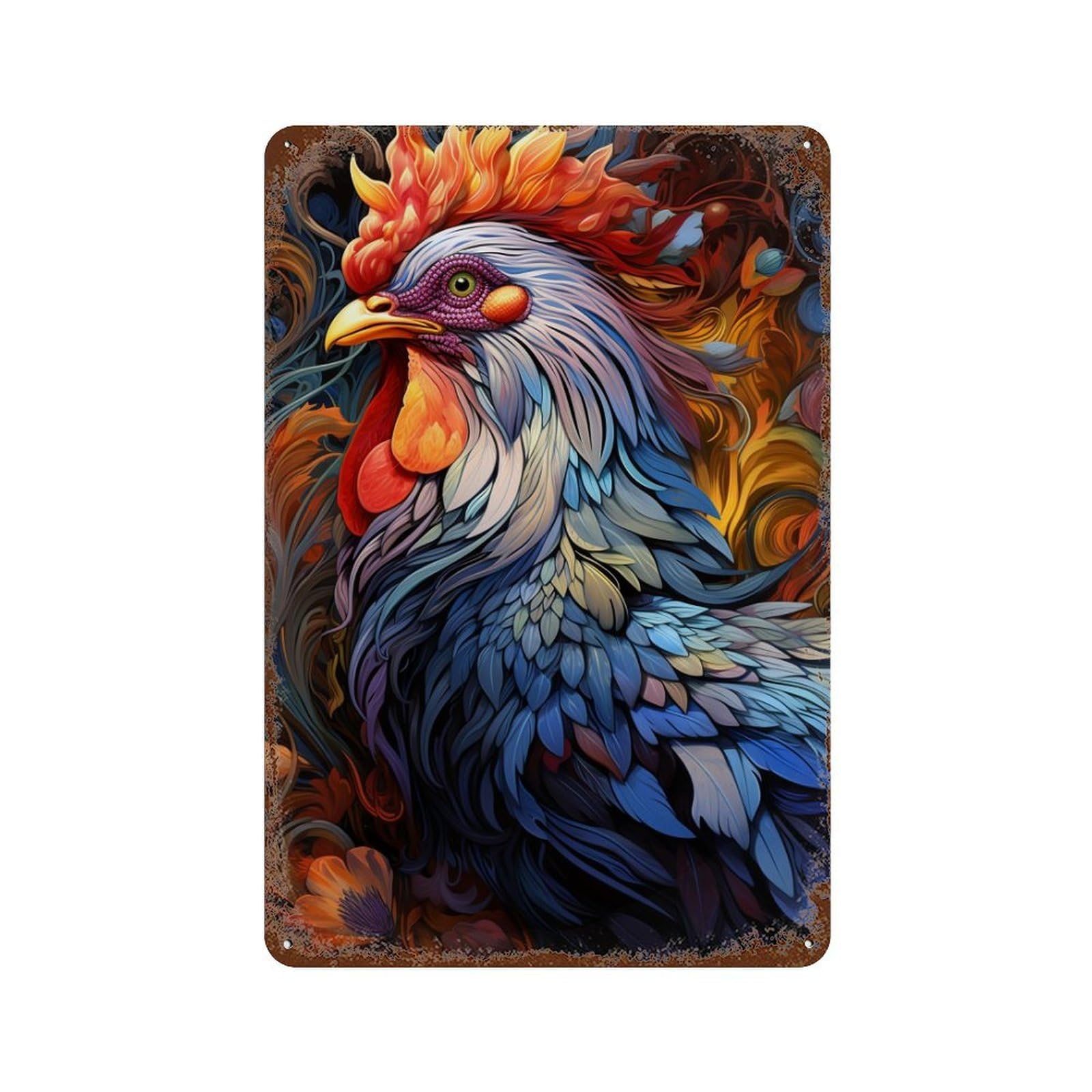 Colorful Rooster Artwork 11.8"x7.9" Aged Metal Wall Plaque, Novelty Wall Decor for Shed, Workshop And Garage Wall Decor