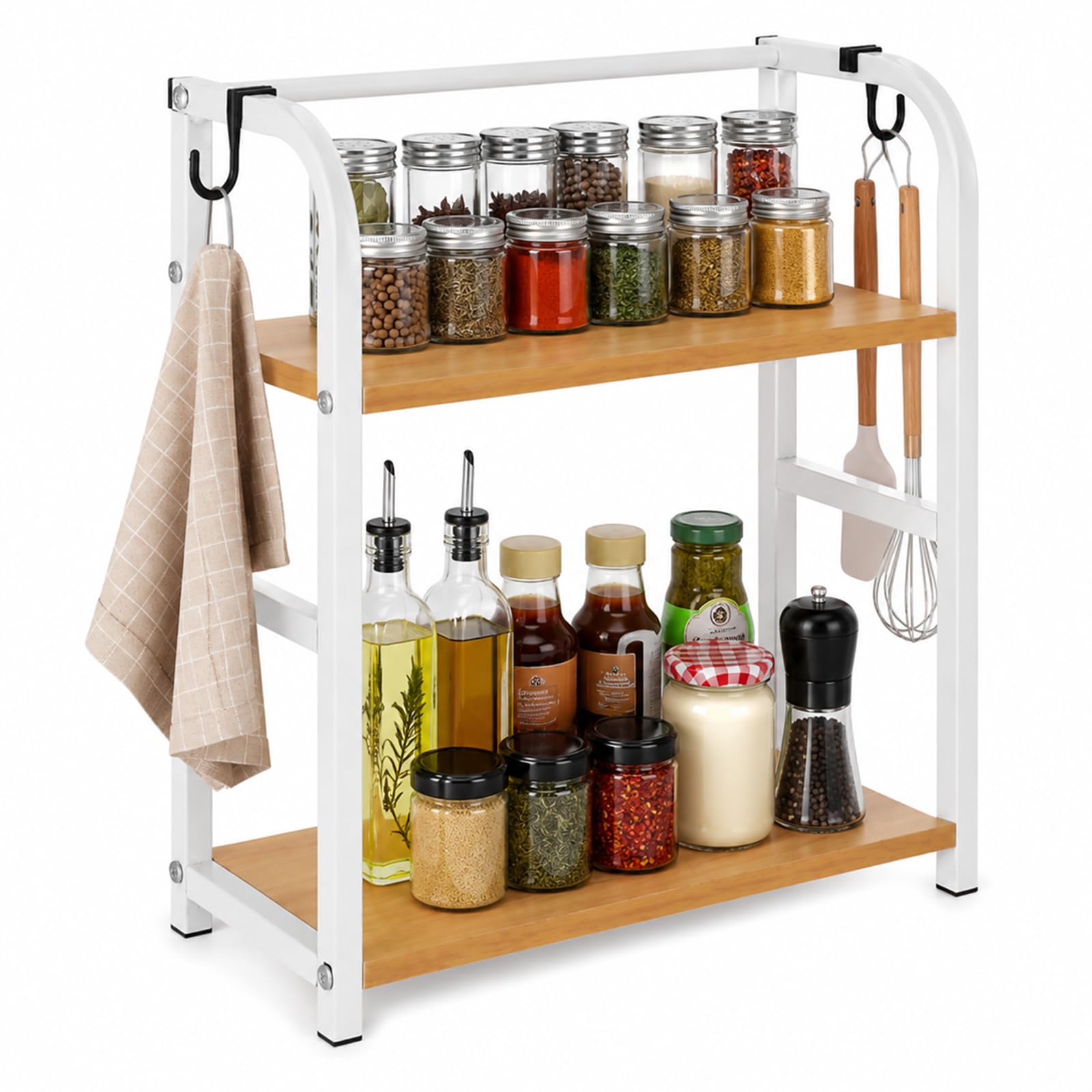 2-Tier Spice Rack Organizer, Kitchen Countertop Storage with Hooks, Wooden & Metal Countertop Storage Shelf, Space-Saving Holder for Bottles, Jars, Condiments, Utensils YAGOKKI Kitchen Shelf Organiser