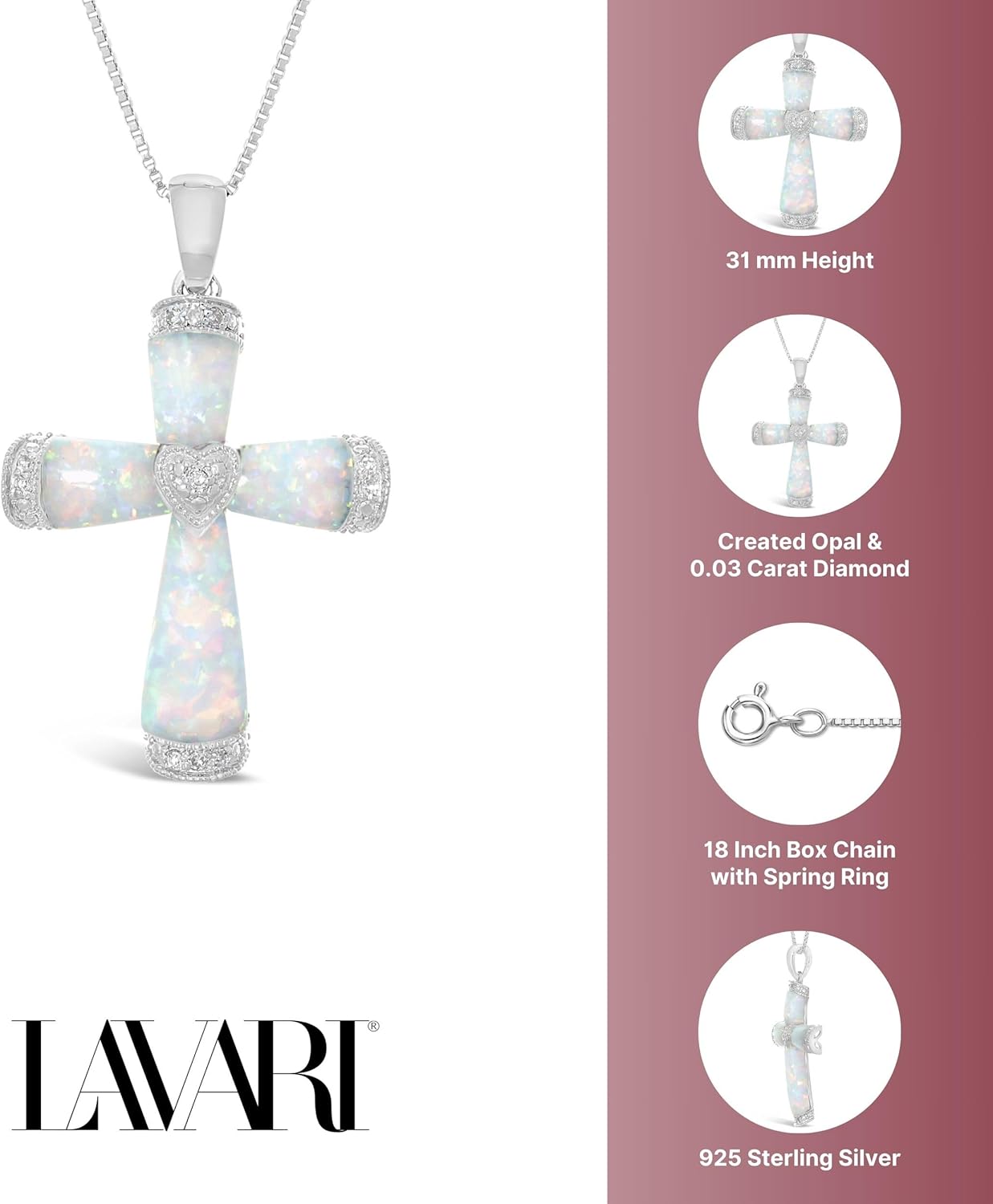 Lavari Jewelers Created White Opal Cross Pendant with .03 cttw Diamonds - Sterling Silver - 18"