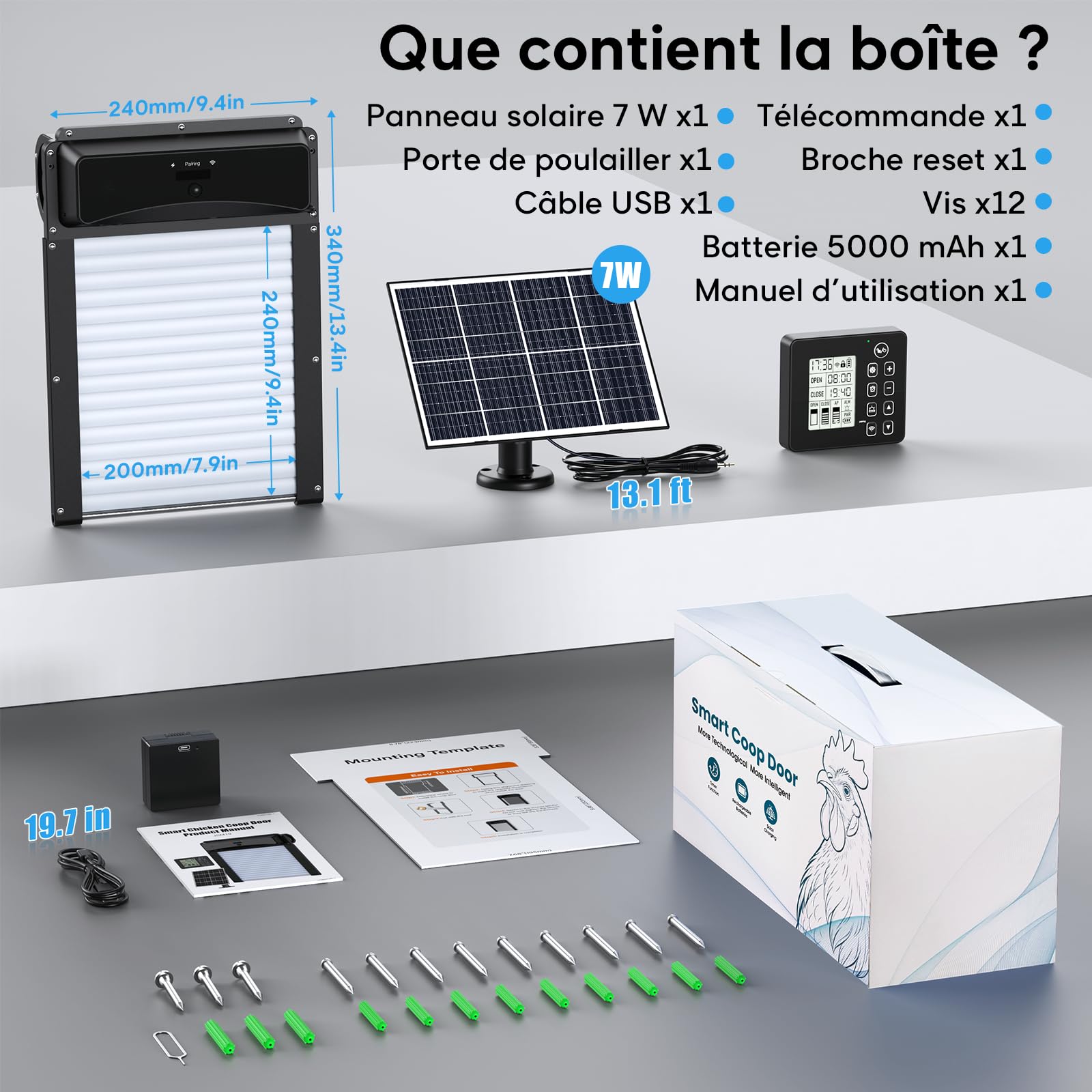 Porte Poulailler Automatique Solaire avec Télécommande sans Fil 120 m, Porte Enroulable Porte Automatique Poulailler Solaire avec Détection de Mouvement 120°, Minuterie, Fonction Anti-pincement
