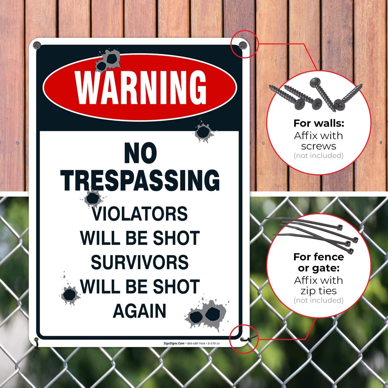 Advertencia no trespassing violadores Will Be Shot sobrevivientes WILL BE SHOT AGAIN cartel, .40 aluminio, 14 "de alto x 10 de ancho"