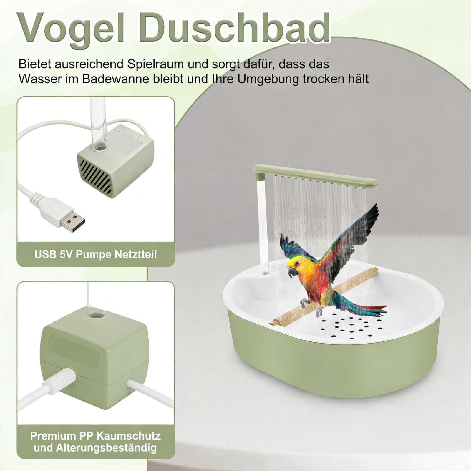 Bain d'oiseaux 32 x 26 cm pour perruches en polypropylène Vert Style frais Circulation automatique de l'eau de pluie Douche d'oiseaux avec 26 sorties d'eau pour