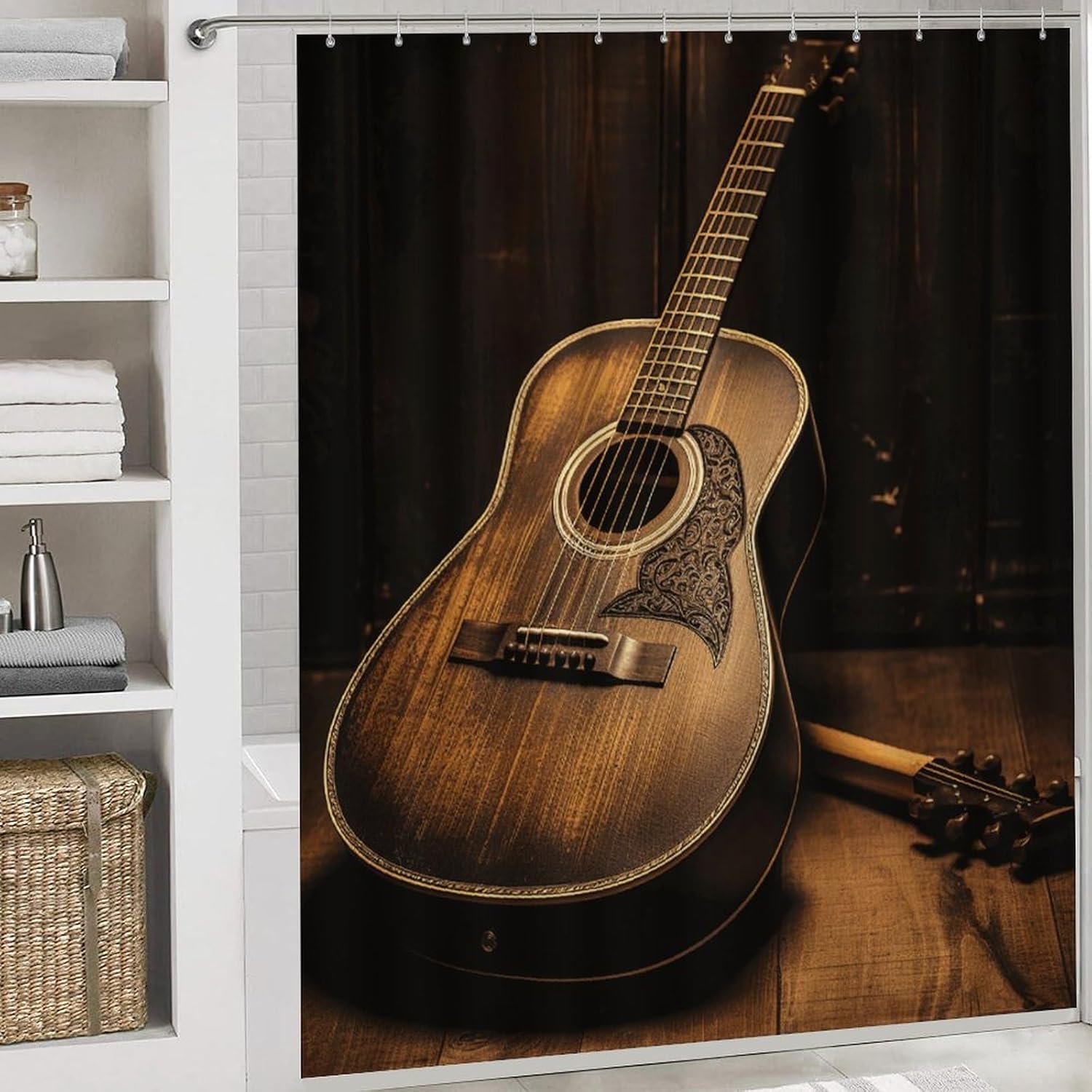 Old West Guitar Shower Curtain Set 4 Piece, Non-Slip Bath Mat with Toilet Lid Cover and Waterproof Shower Curtain with 12 Hooks, Complete Bathroom Set for Home Decor
