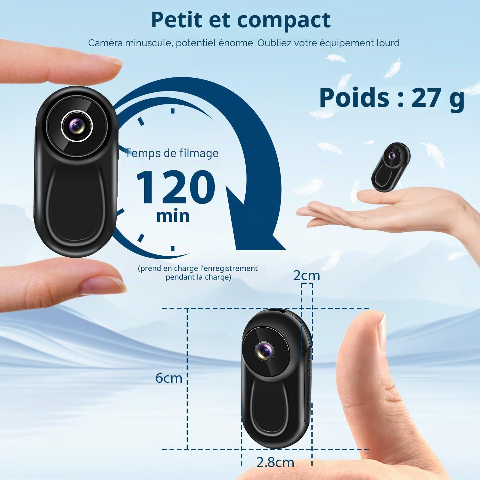 Mini caméra d'action,1080P HD & écran 0,86 Pouces Action Cam,Clip Magnétique Rotatif à 360° avec Cordon pour Bodycam avec Vision Nocturne Automatique Caméras d'action pour vélo/Moto