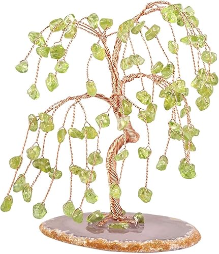 Rockcloud Árbol de cristal de olivino para decoración de oficina en casa, ágata natural, base de geoda, bonsái, árbol de dinero de la fortuna para