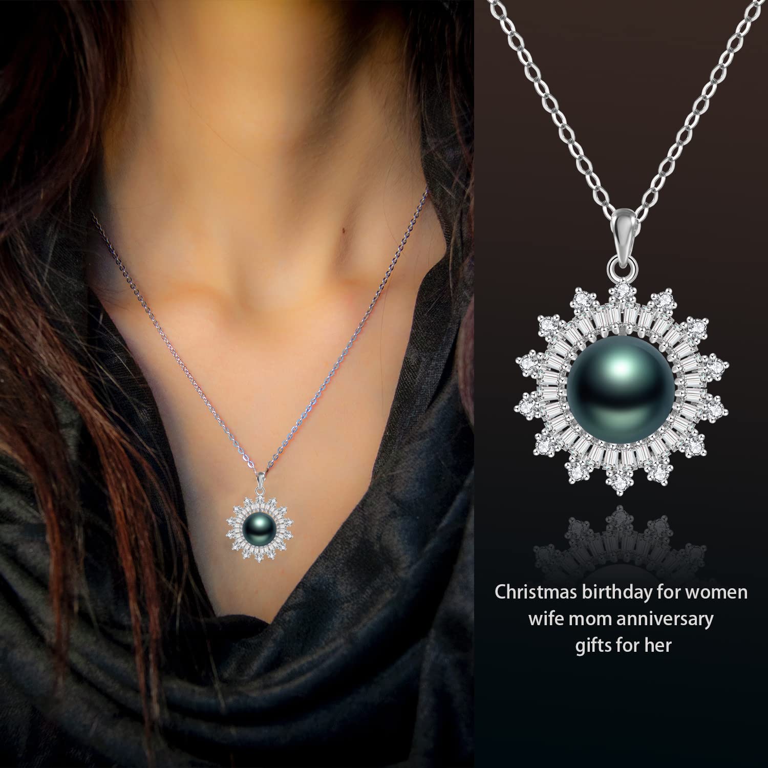 Nonnyl Set di collana e orecchini con vera perla nera coltivata di Tahiti, da donna, con perle nere rotonde, gioielli raffinati, regalo per donne, mogli, fidanzate, madri, in argento Sterling, perla