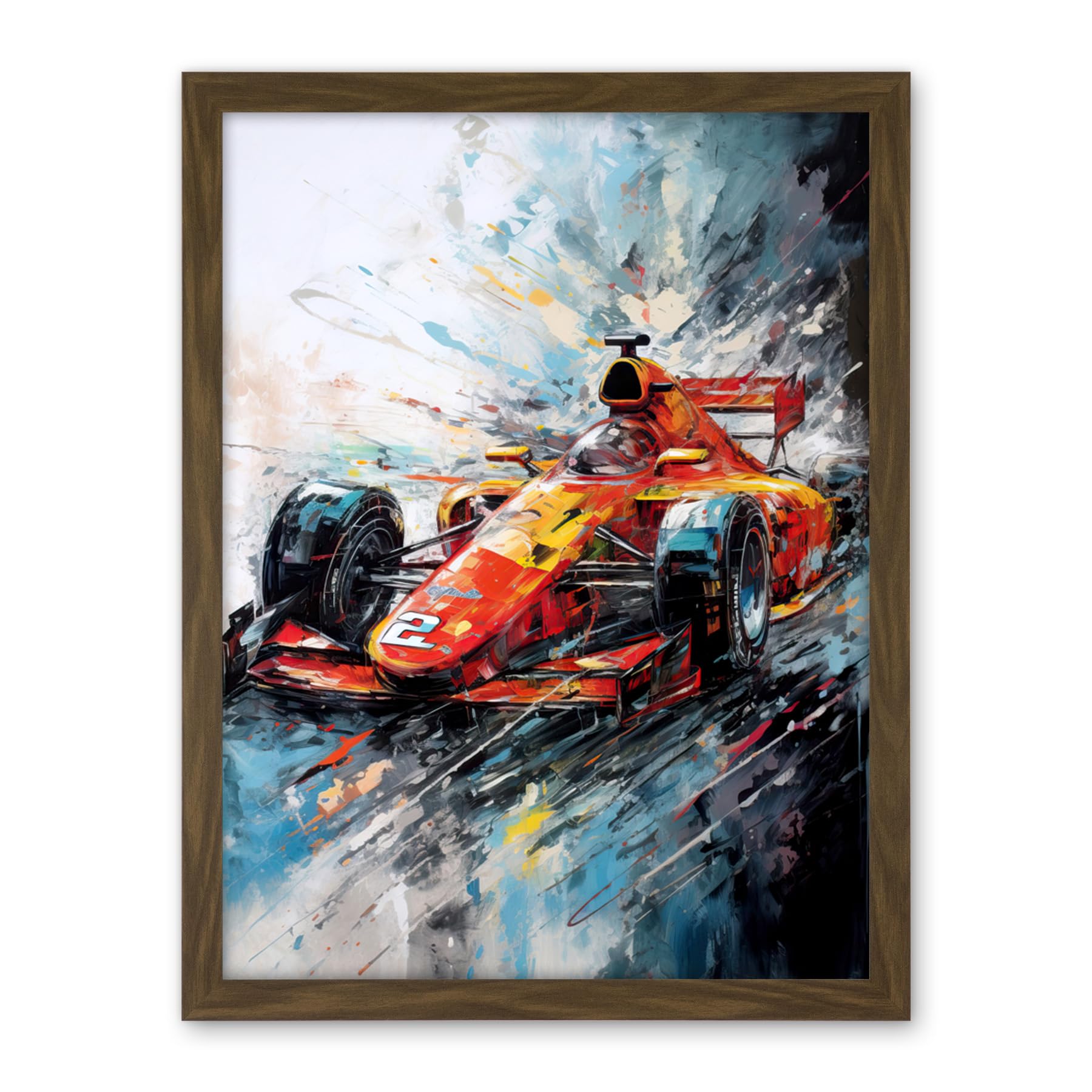 Artery8 Orange Race Car Grand Prix Action Shot Painting Artwork Framed Wall Art Print 18X24 Inch